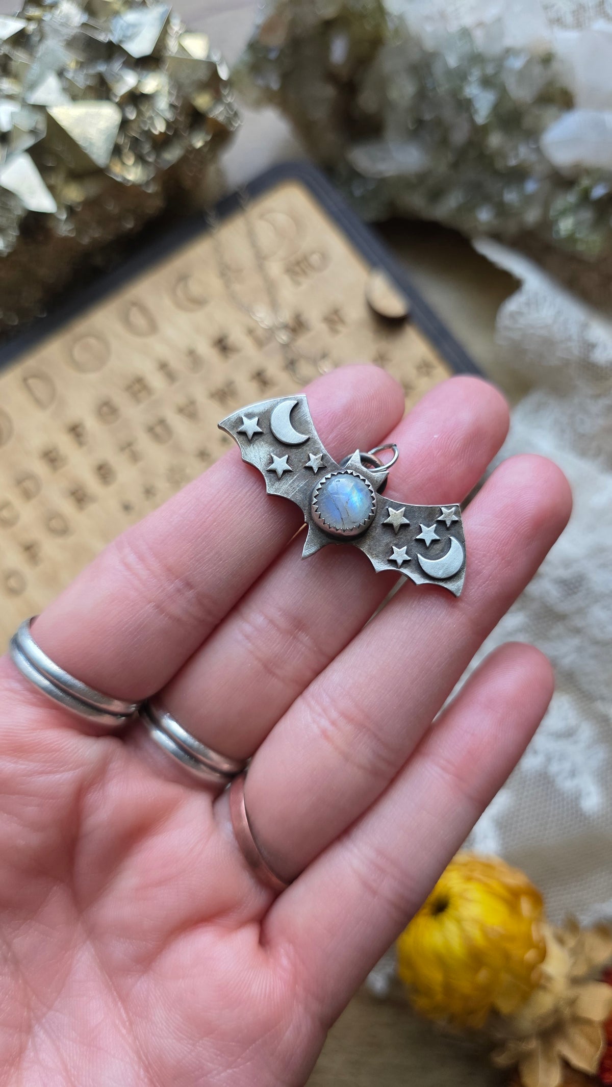 jdrewsilvers and xtwii collaboration: Sterling Silver Celestial Bat with Moonstone Pendant