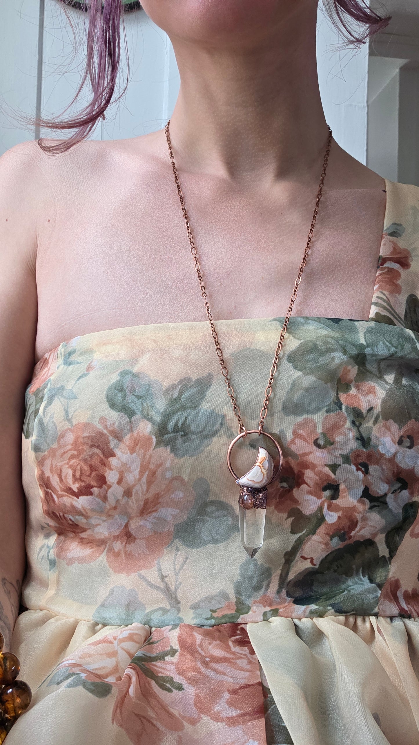 Quartz with Sunstone and Crazy Lace Agate Moon Copper Pendant
