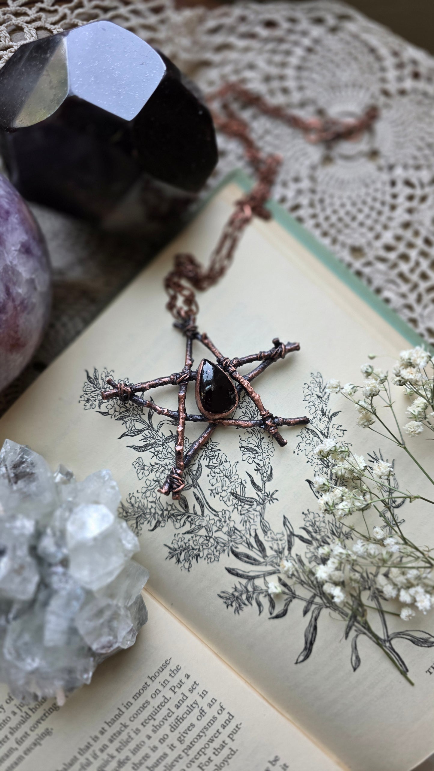 Rooted: Copper Twig and Garnet Pentacle Necklace