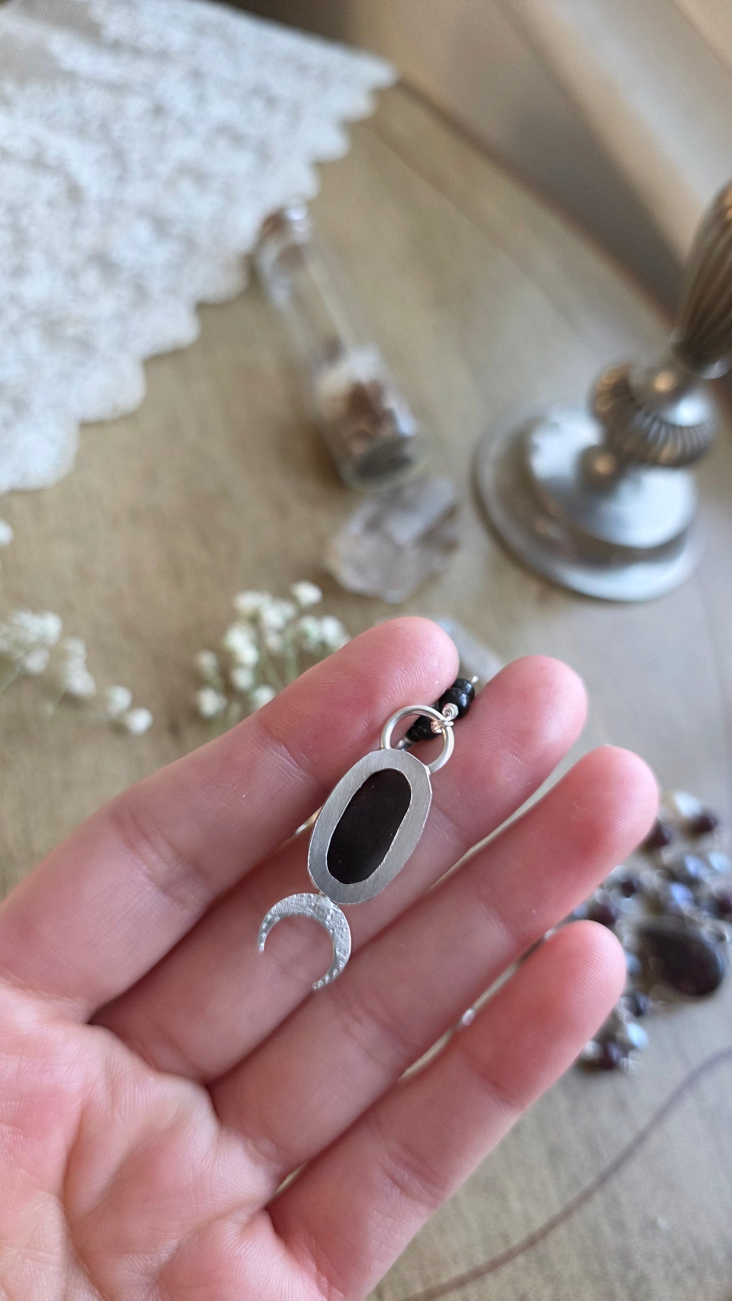 Sterling Silver Garnet, Pearl, and Obsidian Necklave