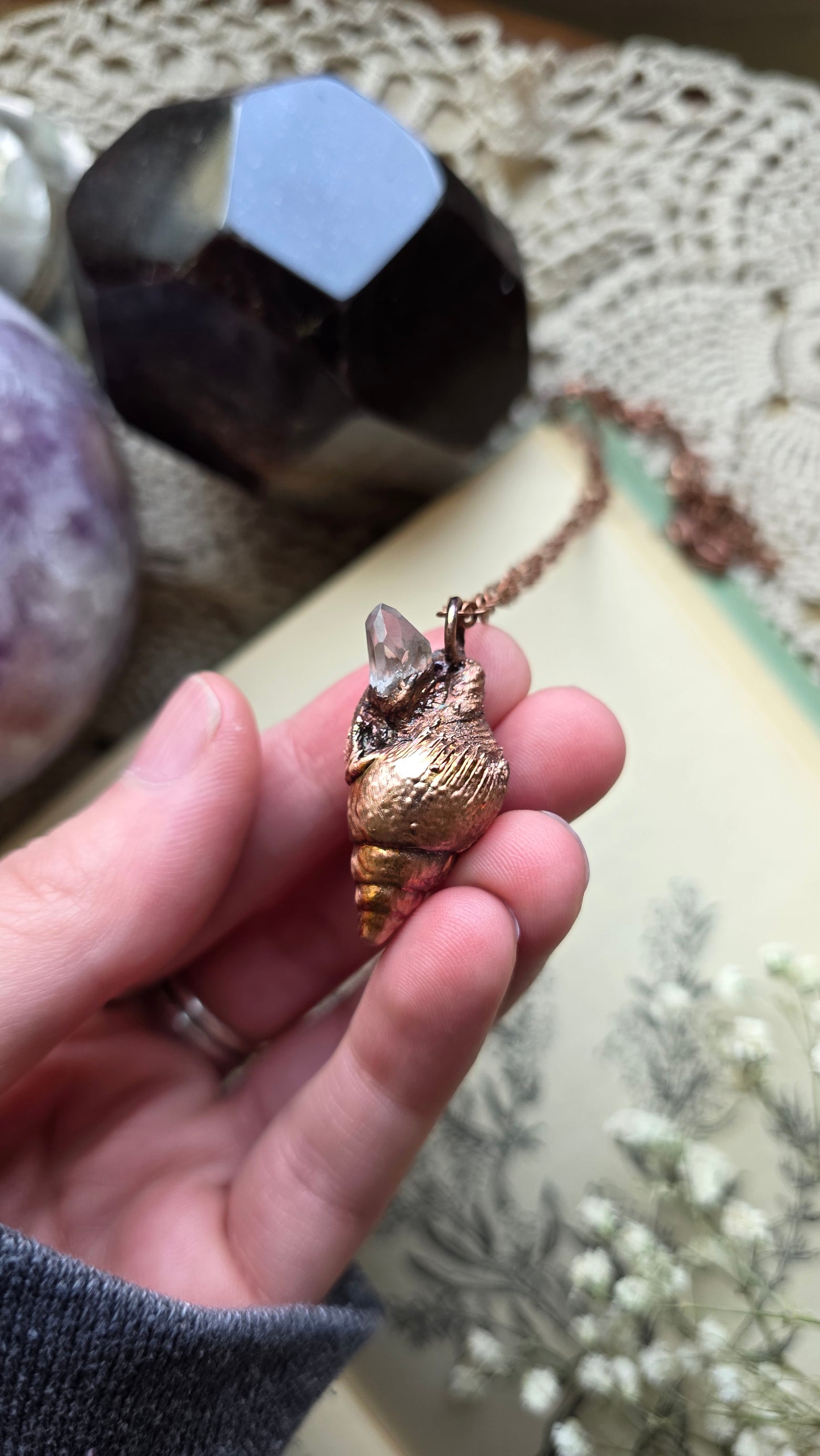 Rooted: Real Shell with Quartz Point Copper Necklace