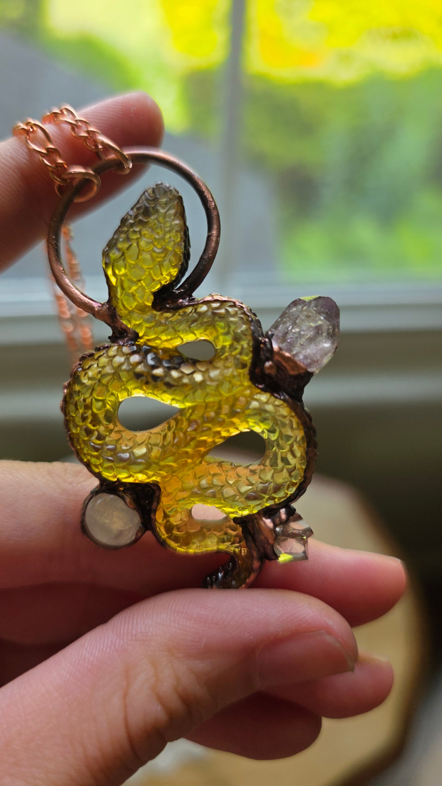The High Priestess: Chiapas Amber Snake with Moonstone, Amethyst and Herkimer Copper Necklace