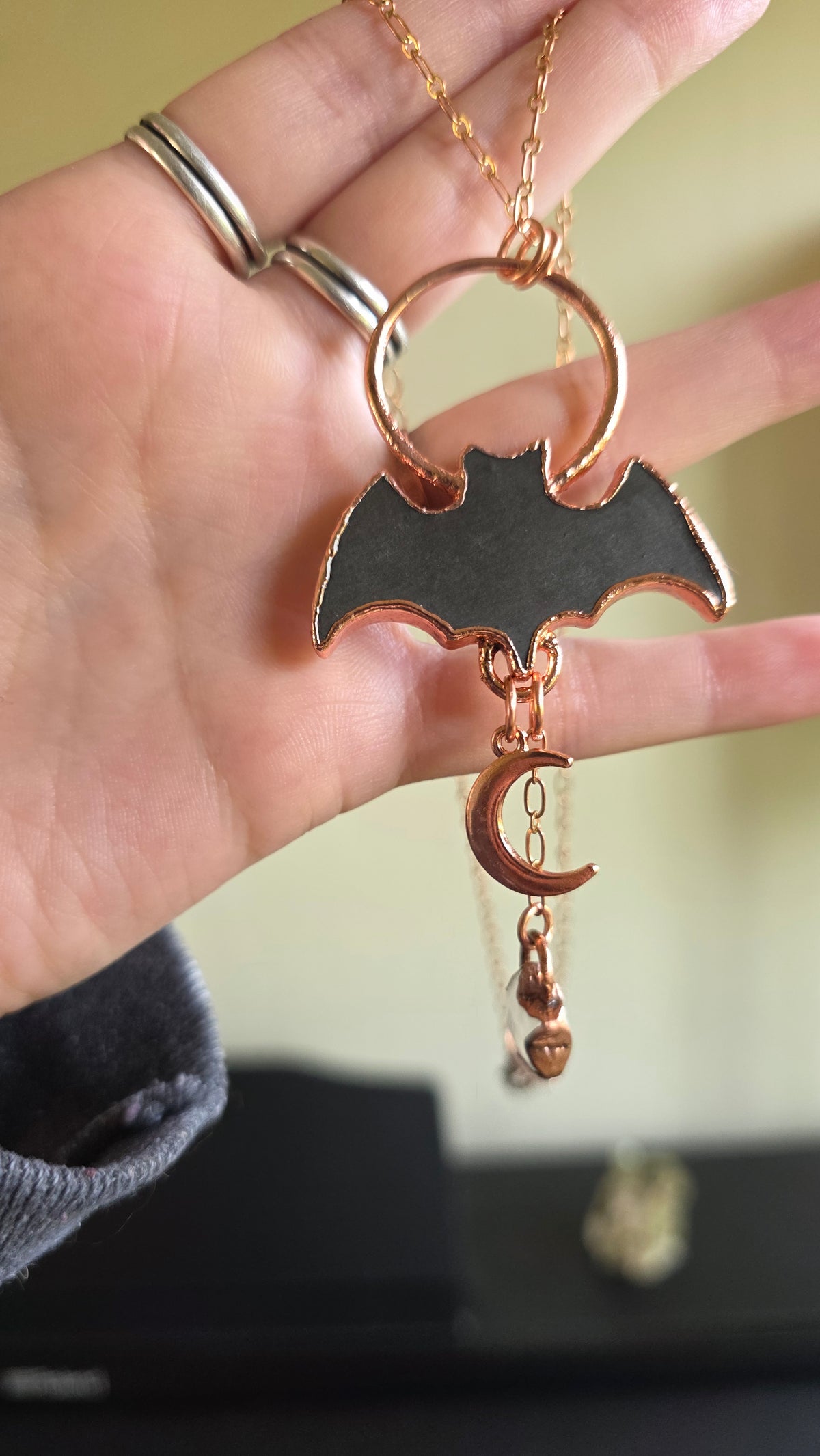 jdrewsilvers and xtwii collaboration: Silver Sheen Obsidian Bat Copper Necklace