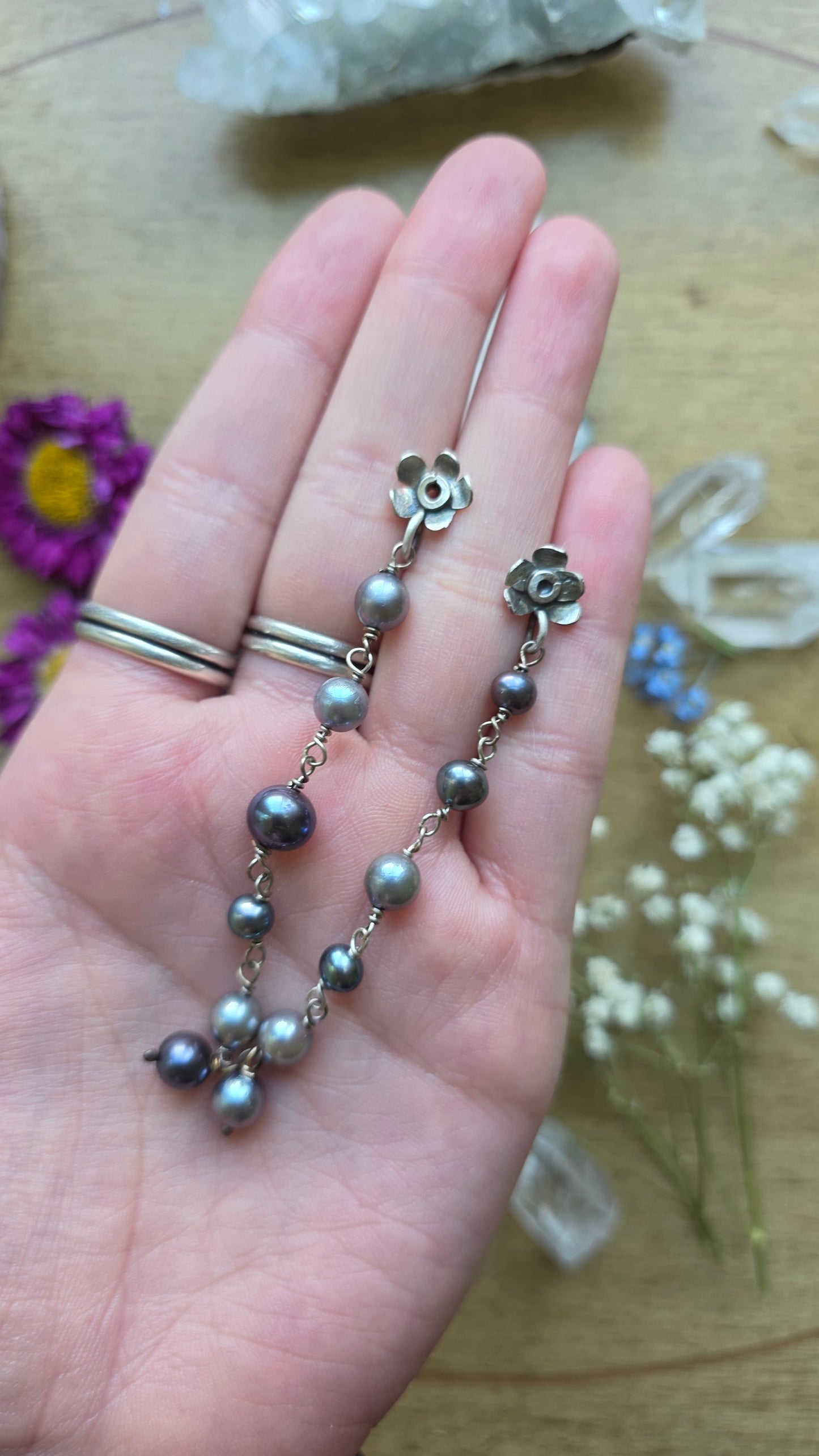Forget-me-not Sterling Silver fabricated earrings with pearl
