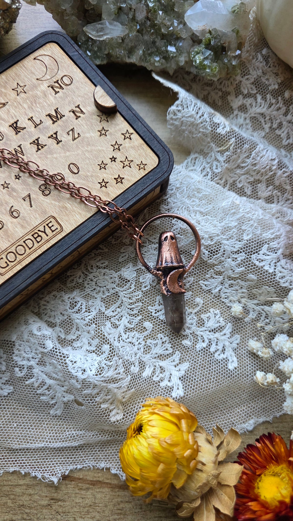 jdrewsilvers and xtwii collaboration: Smokey Quartz Copper Sheet Ghost Necklace
