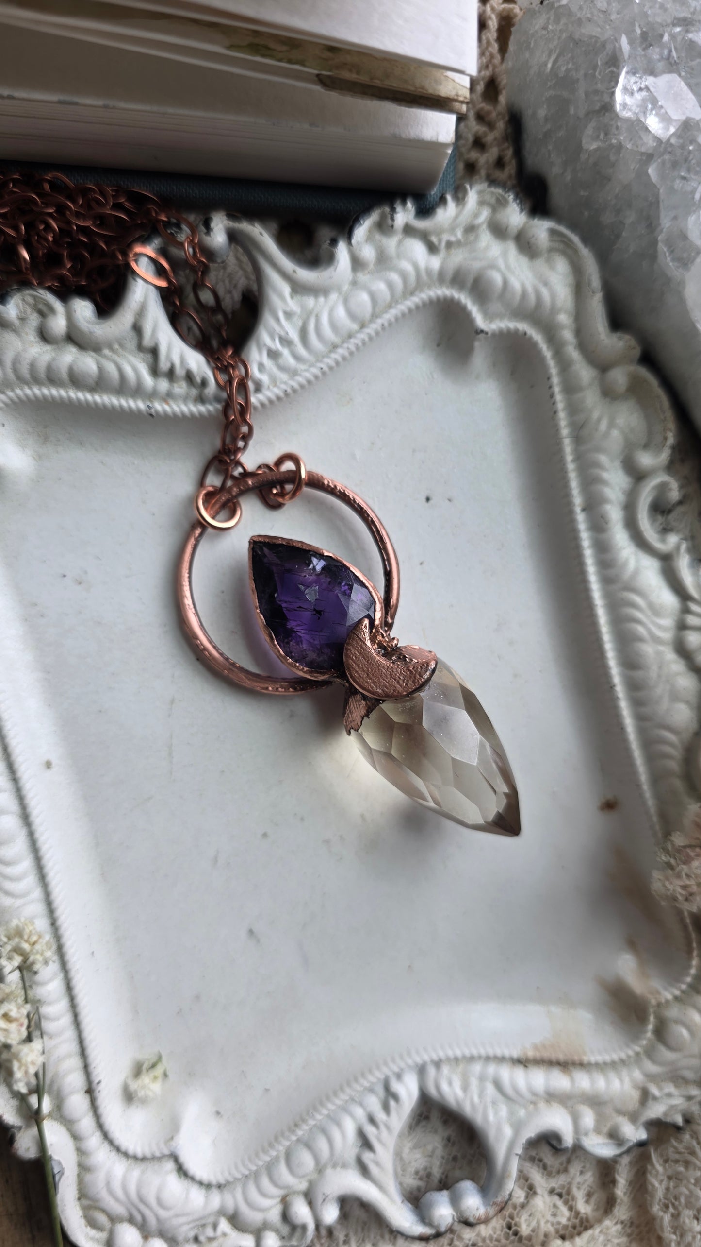Citrine with Smokey Amethyst Copper Pendulum Necklace