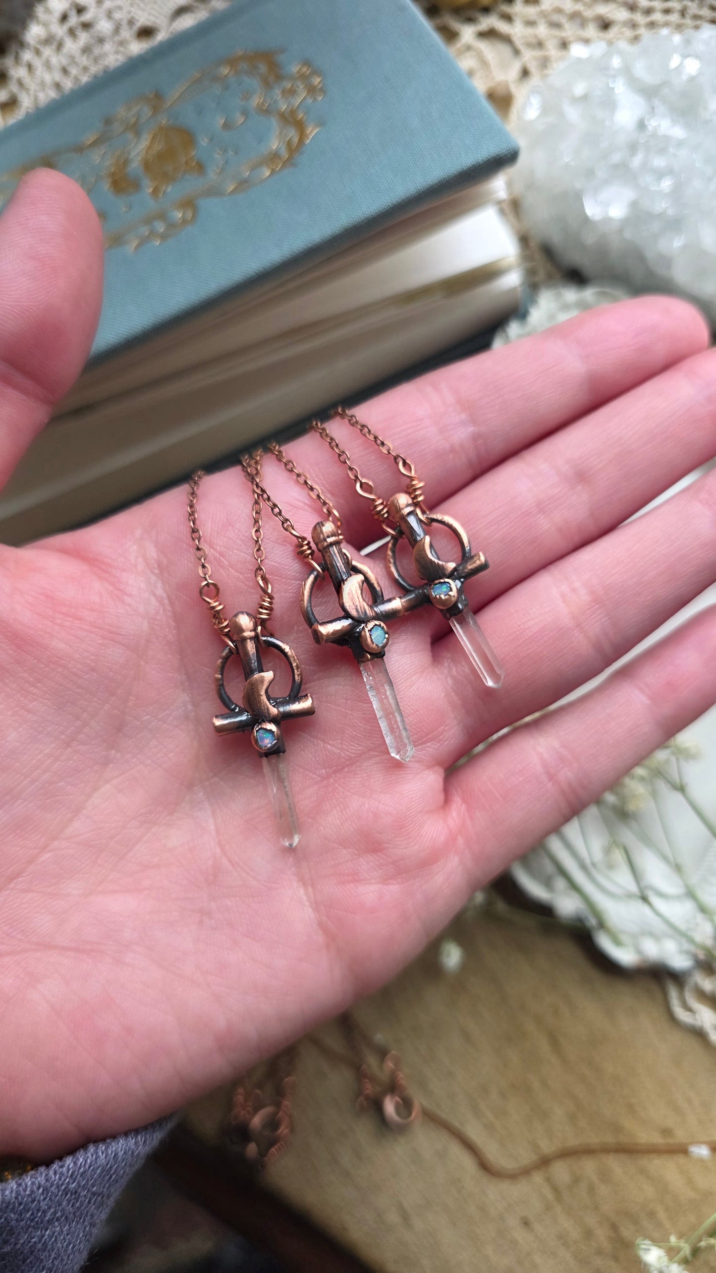 Mini Quarts and Australian Opal Copper Sword Necklace