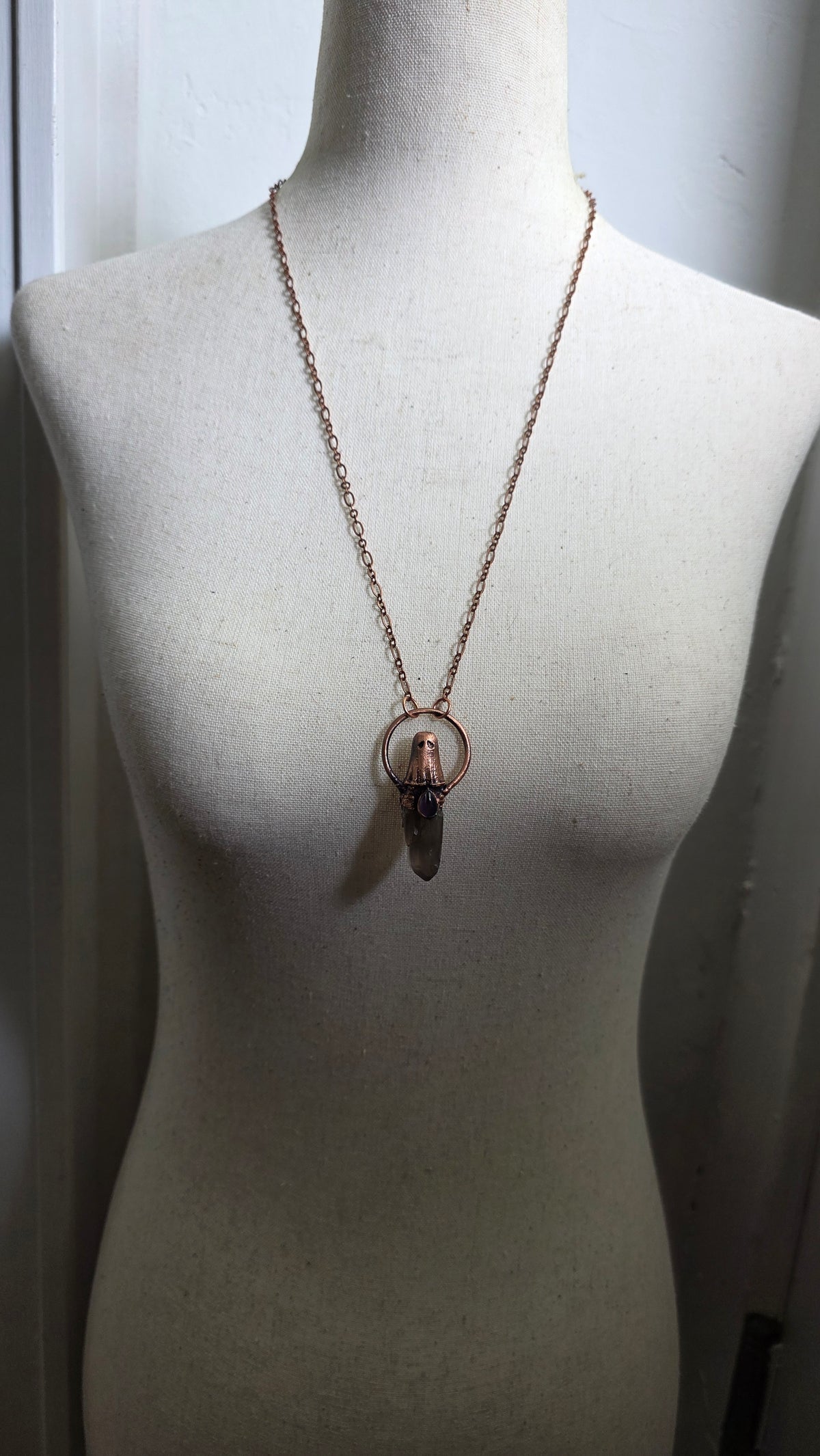 jdrewsilvers and xtwii collaboration: Smokey Quartz and Amethyst Copper Sheet Ghost Necklace