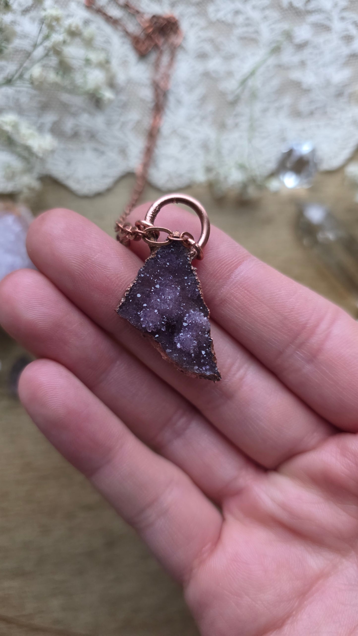 Reversible amethyst druzy copper necklace