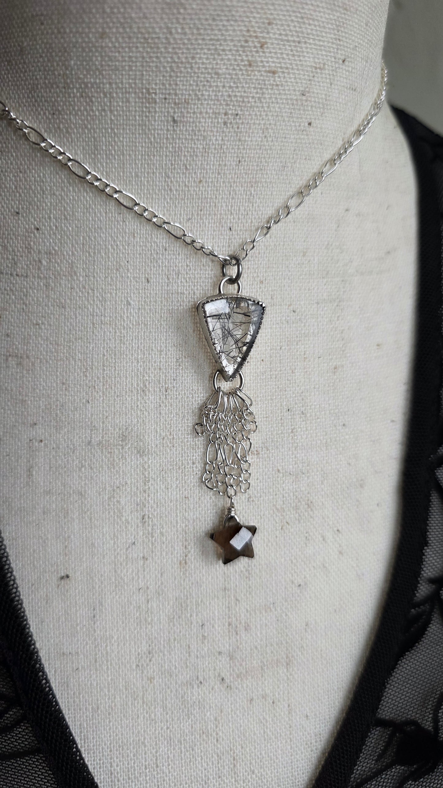 Sterling Silver Tourmalinated Quartz Chandelier Necklace with Smokey Quartz Star