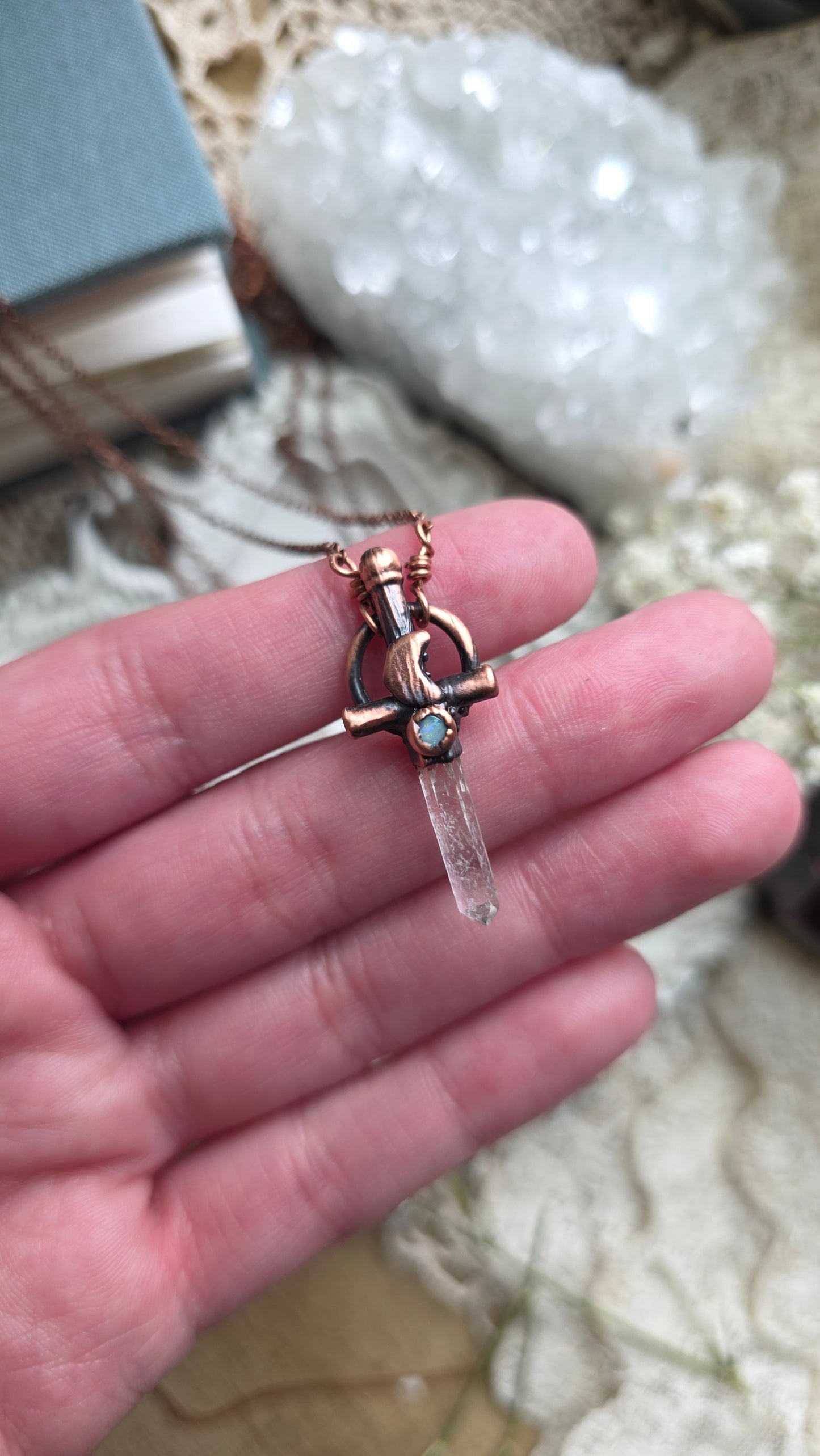 Mini Quarts and Australian Opal Copper Sword Necklace