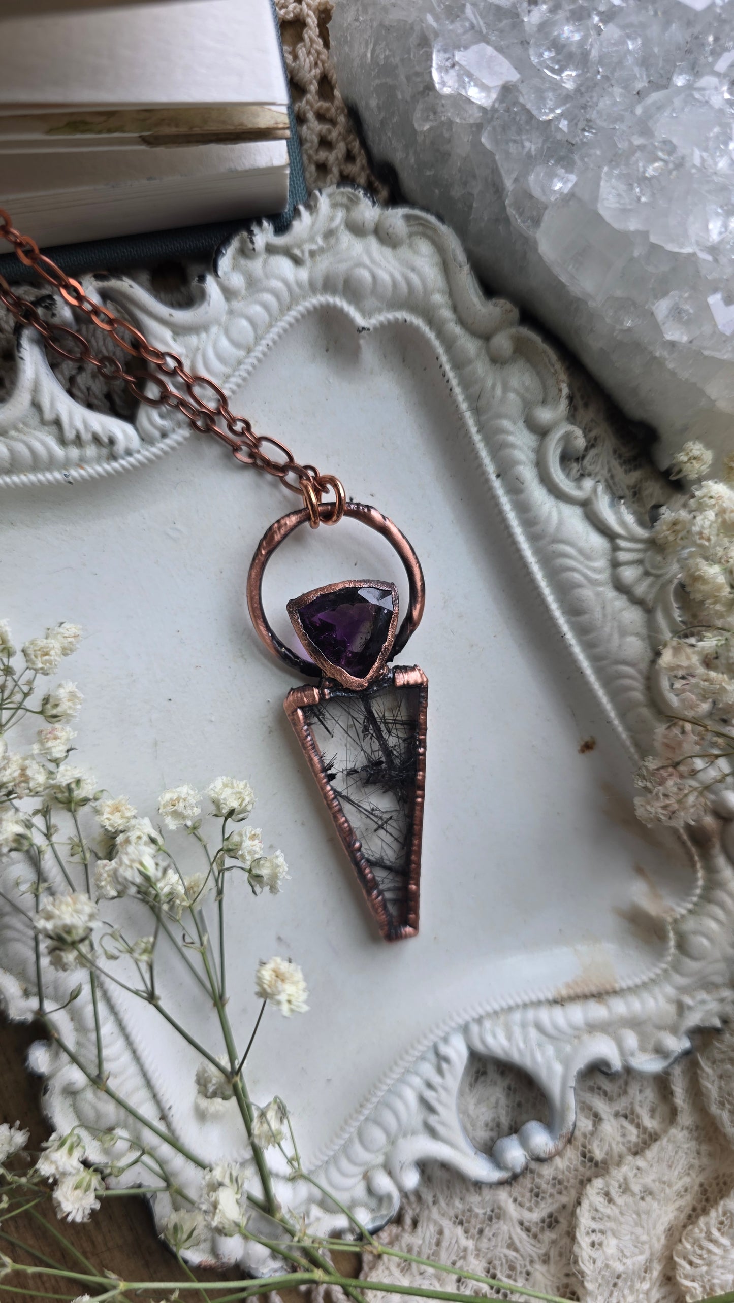 Smokey Amethyst and Tourmalinated Quartz Copper Necklace