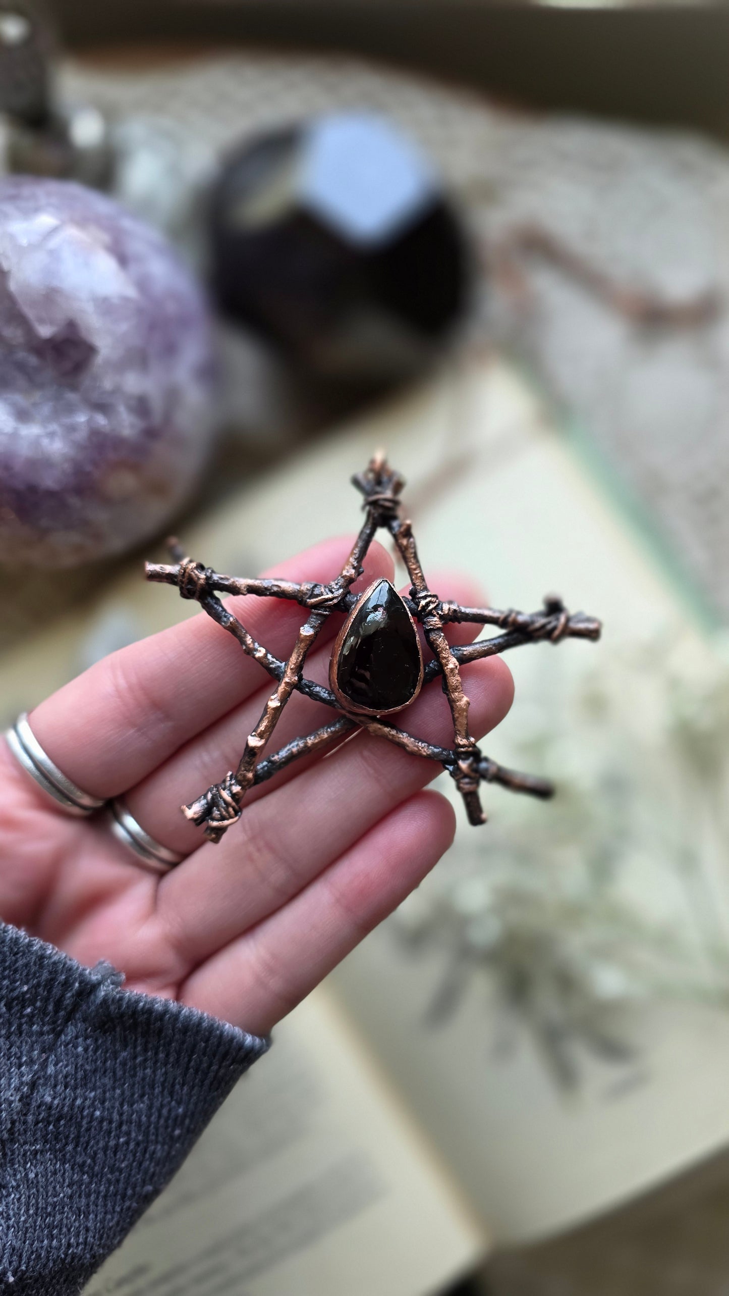 Rooted: Copper Twig and Garnet Pentacle Necklace