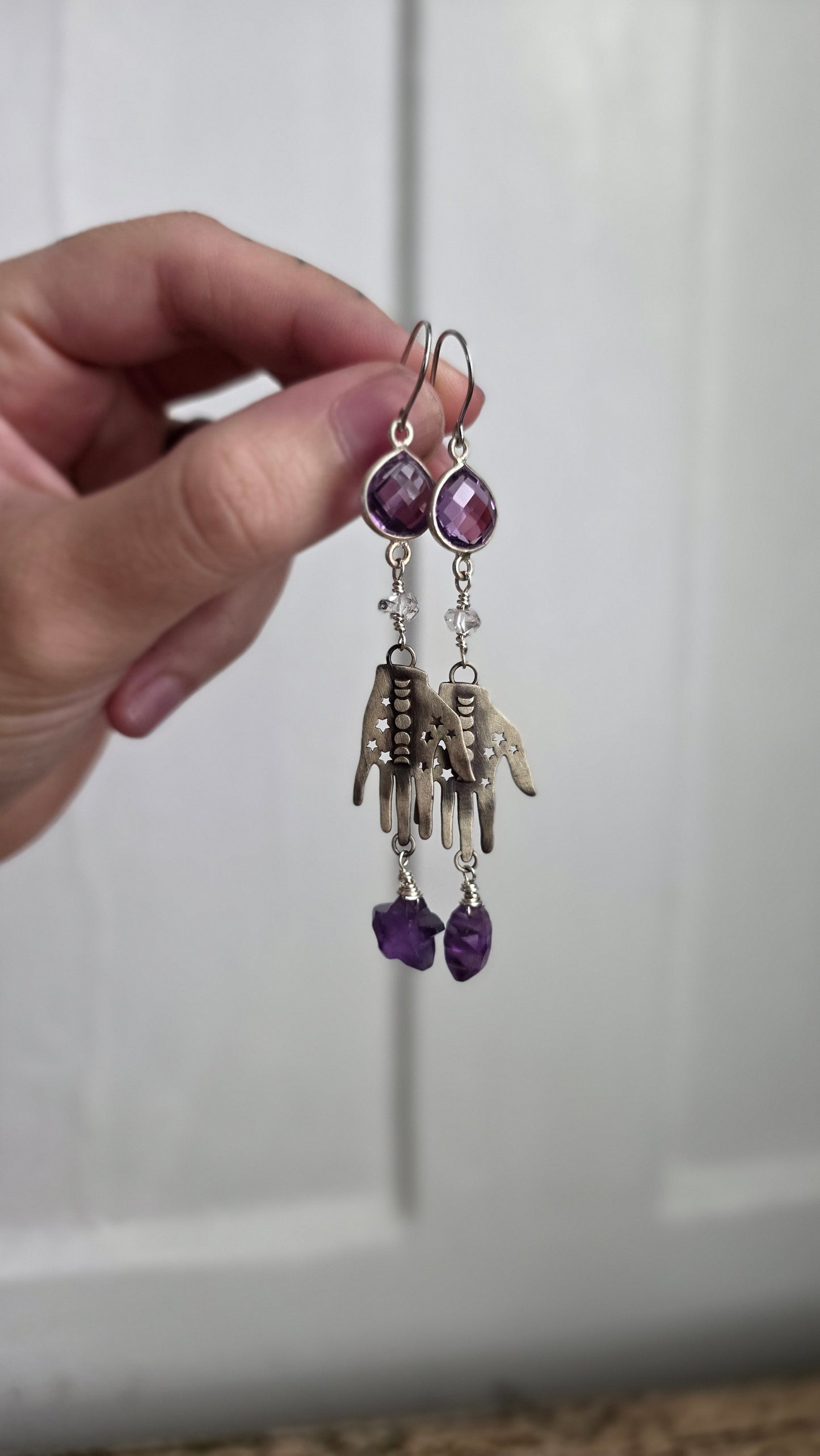 Sterling Silver Palmistry Moonphase Earrings with Amethyst