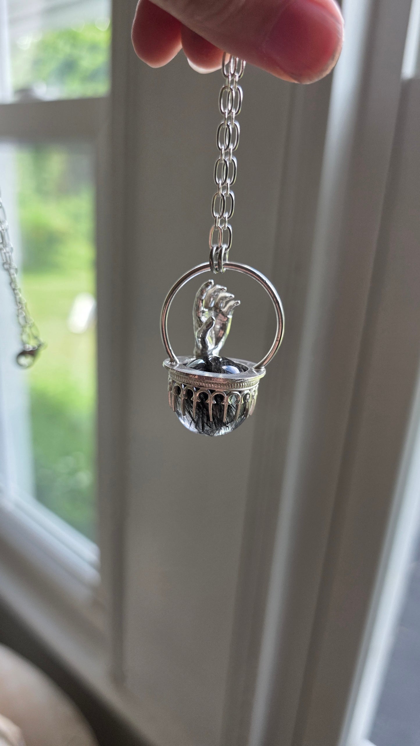 The High Priestess: Tourmalinated Quartz Sphere Sterling Silver Hand Pendant
