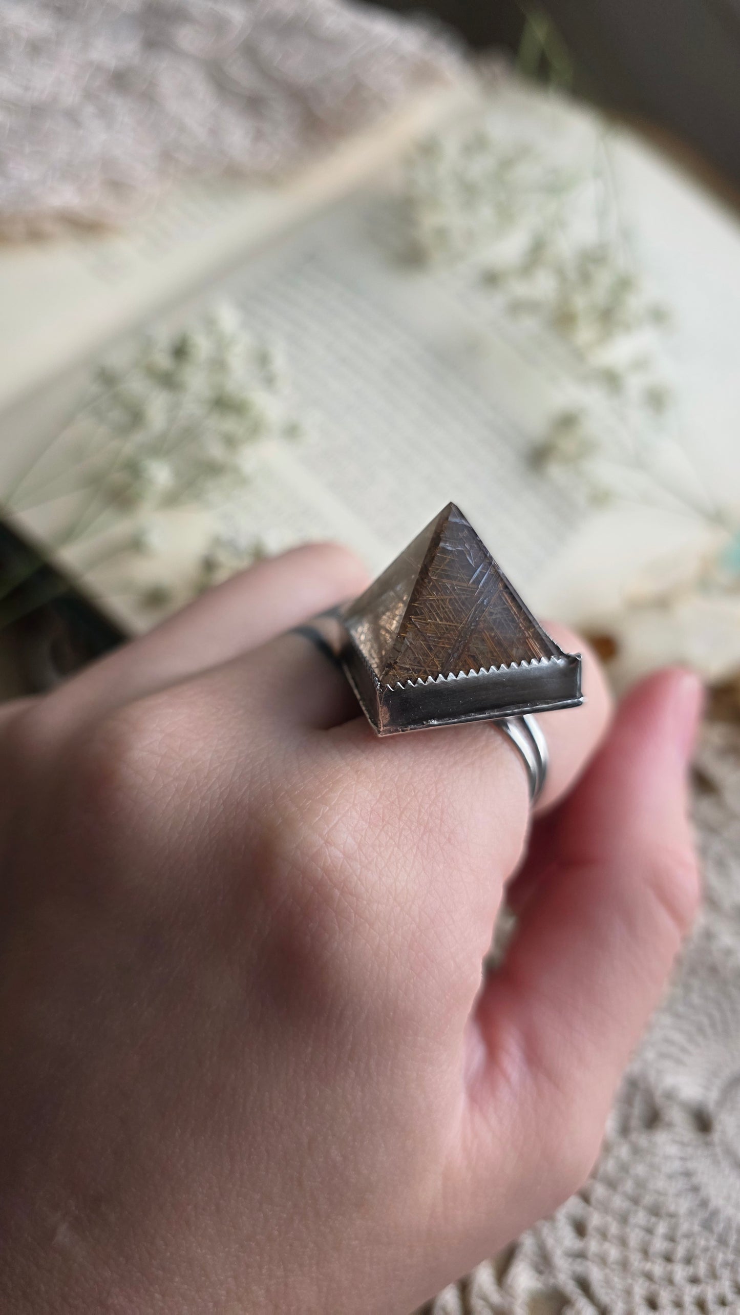 Rutilated Quaryz Pyramid Sterling Silver Ring Size 7 1/4 US