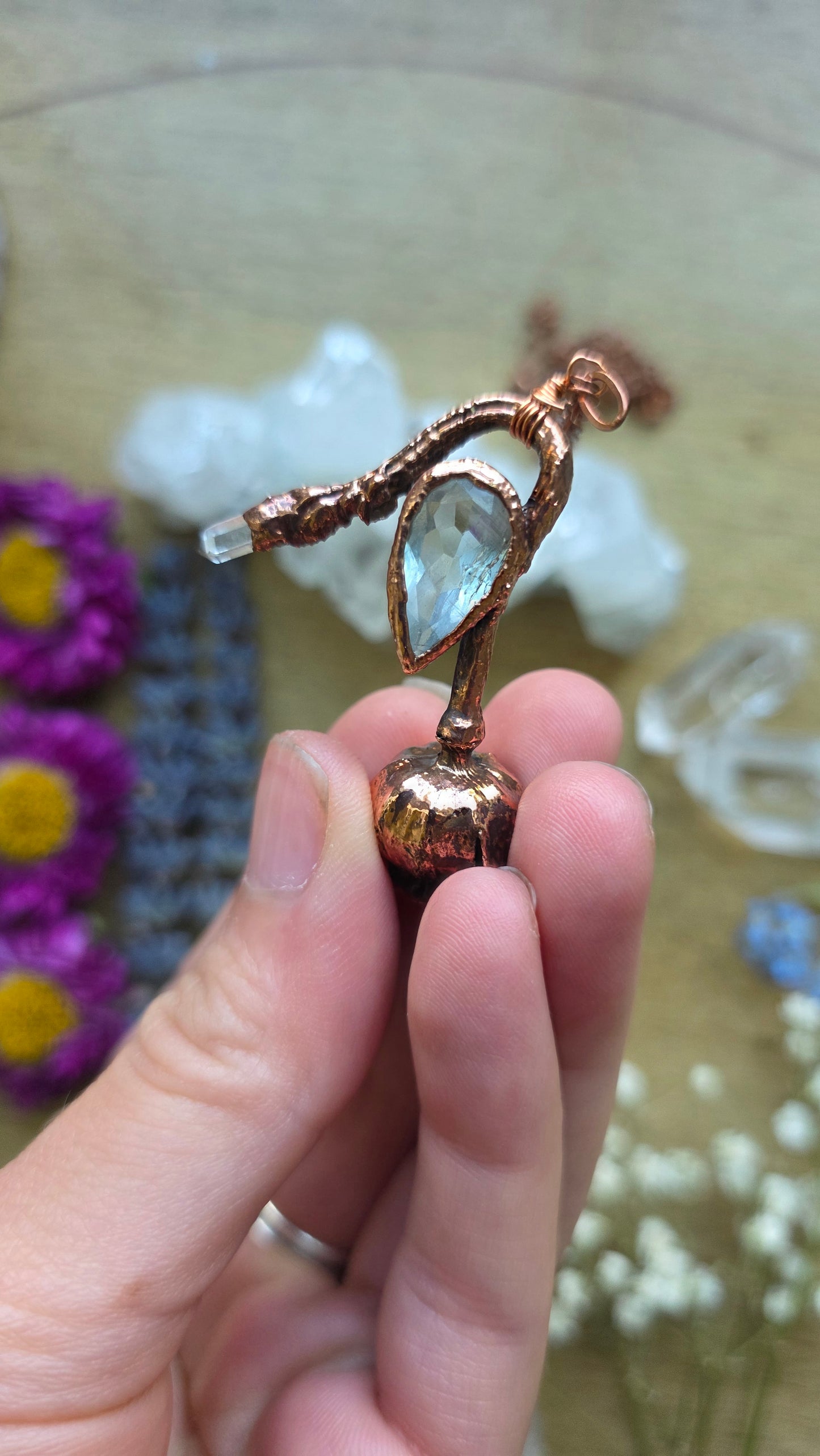 Copper Encased Poppy Pod with Aquamarine and Quartz
