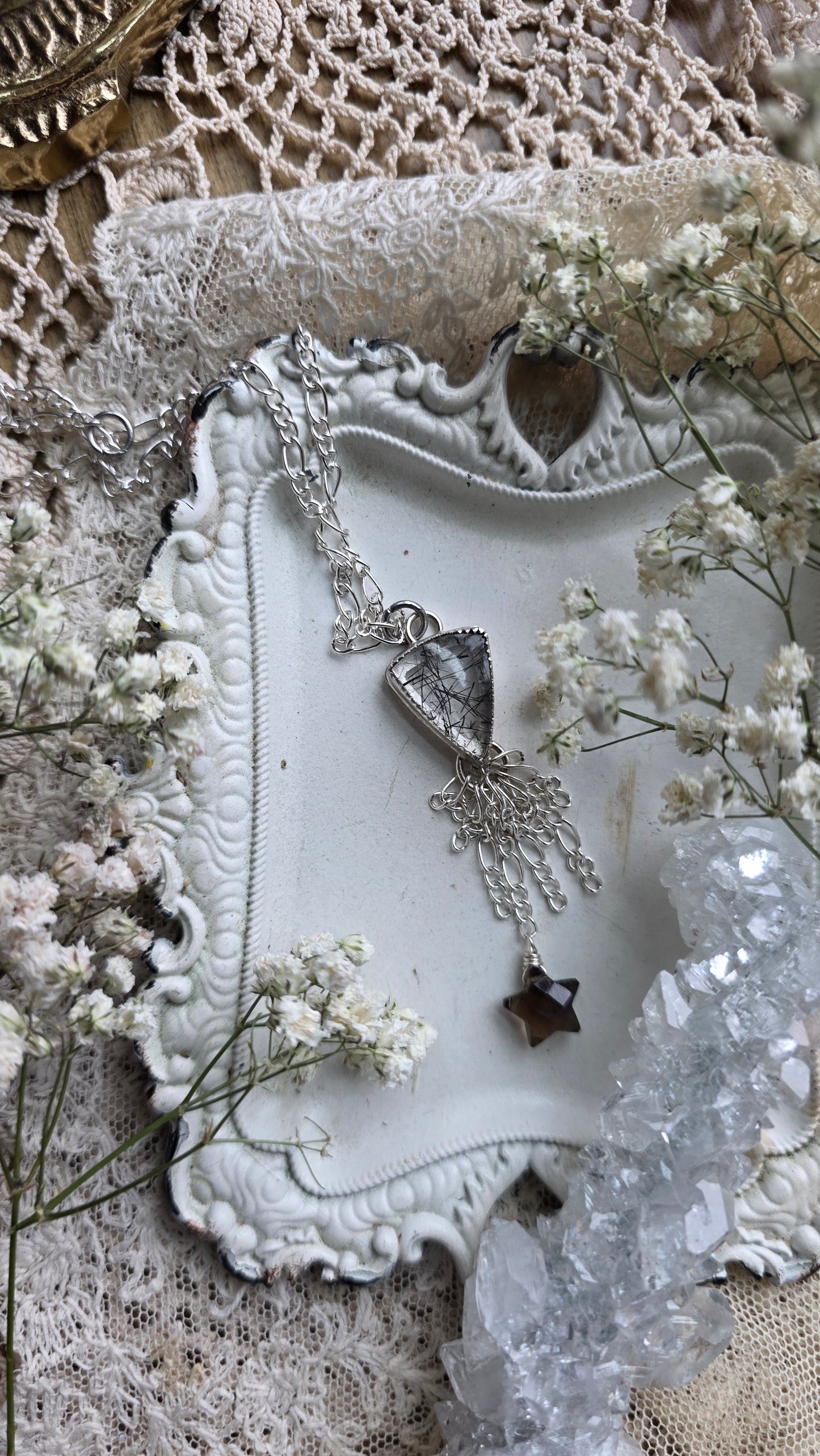 Sterling Silver Tourmalinated Quartz Chandelier Necklace with Smokey Quartz Star