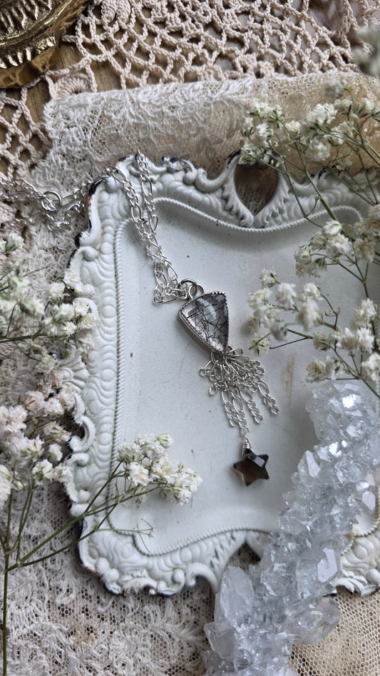 Sterling Silver Tourmalinated Quartz Chandelier Necklace with Smokey Quartz Star