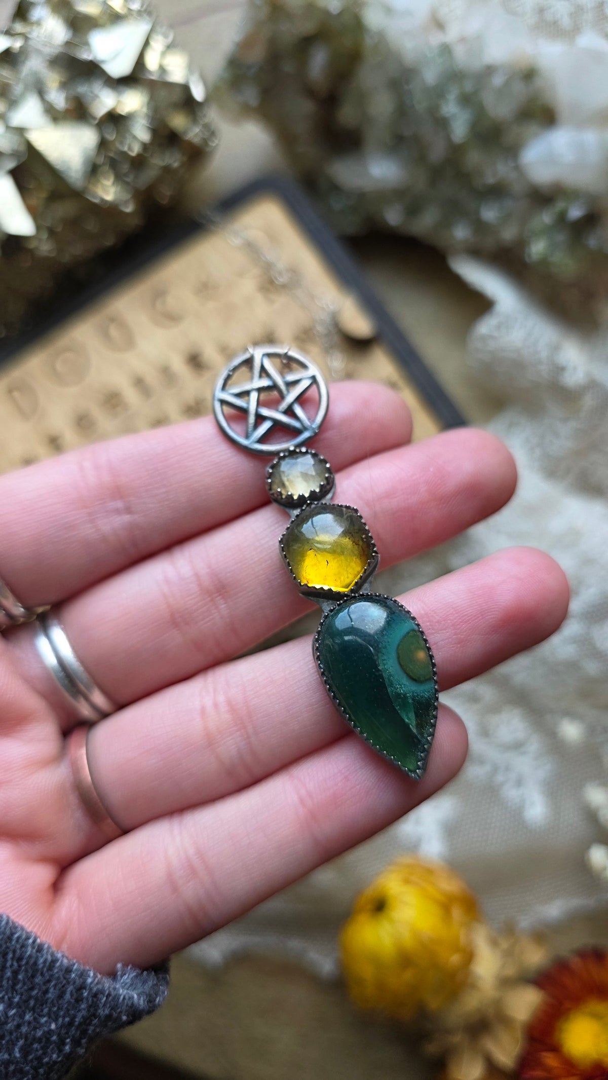 jdrewsilvers and xtwii collaboration:  Sterling Silver Pentacle Necklace with Ocean Jasper, Amber, and Citrine