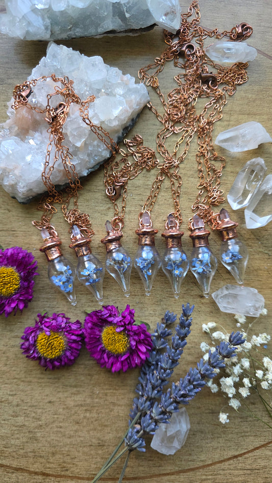 Forget-me-not copper glass vial pendant with quartz