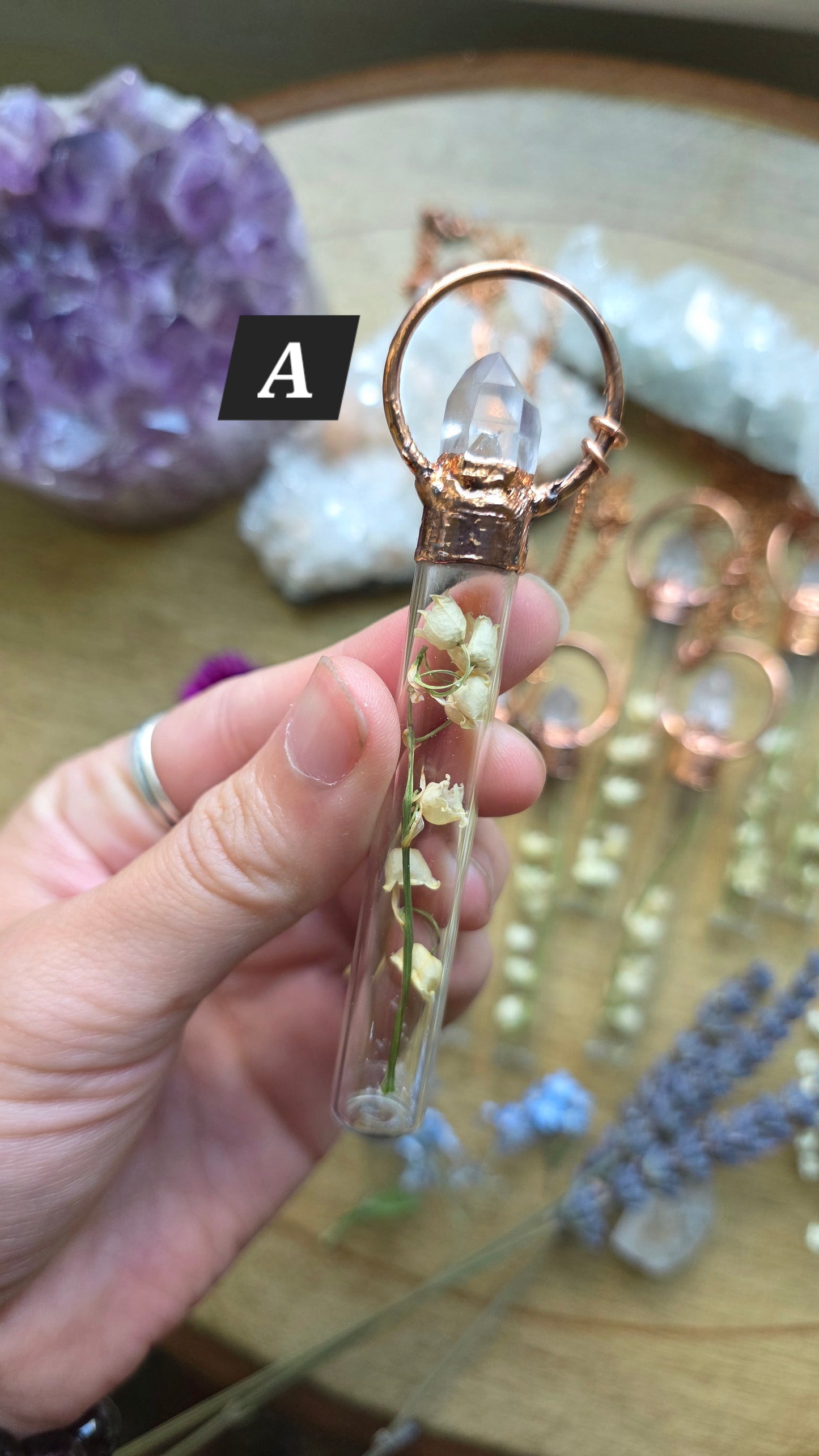 Lily of the Valley Copper Vial Necklace with Quartz
