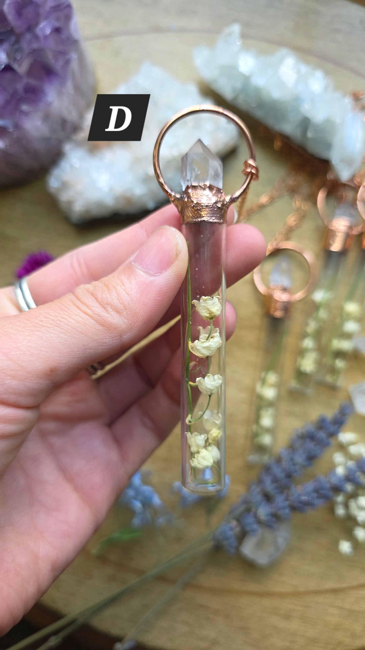 Lily of the Valley Copper Vial Necklace with Quartz