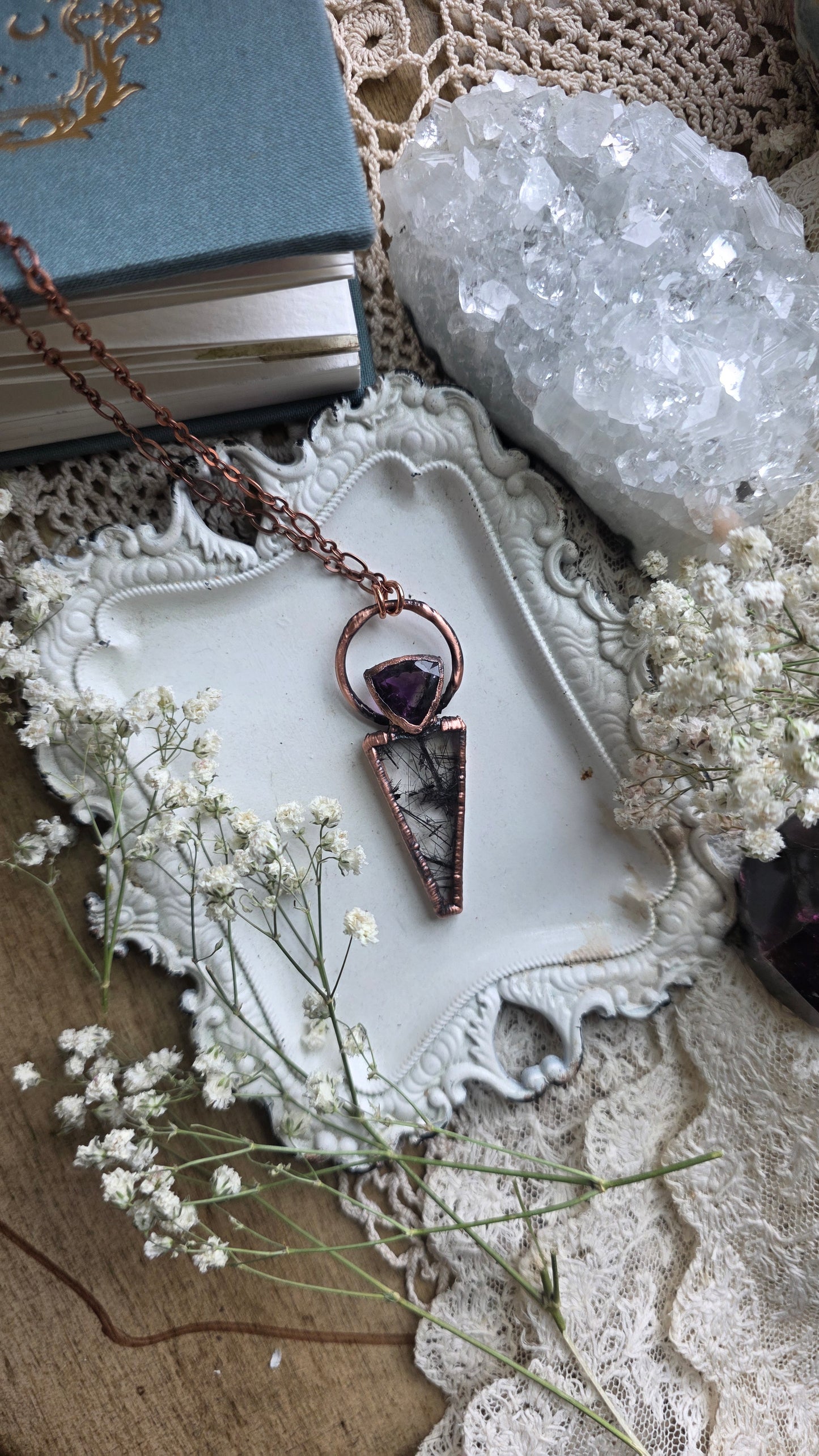 Smokey Amethyst and Tourmalinated Quartz Copper Necklace