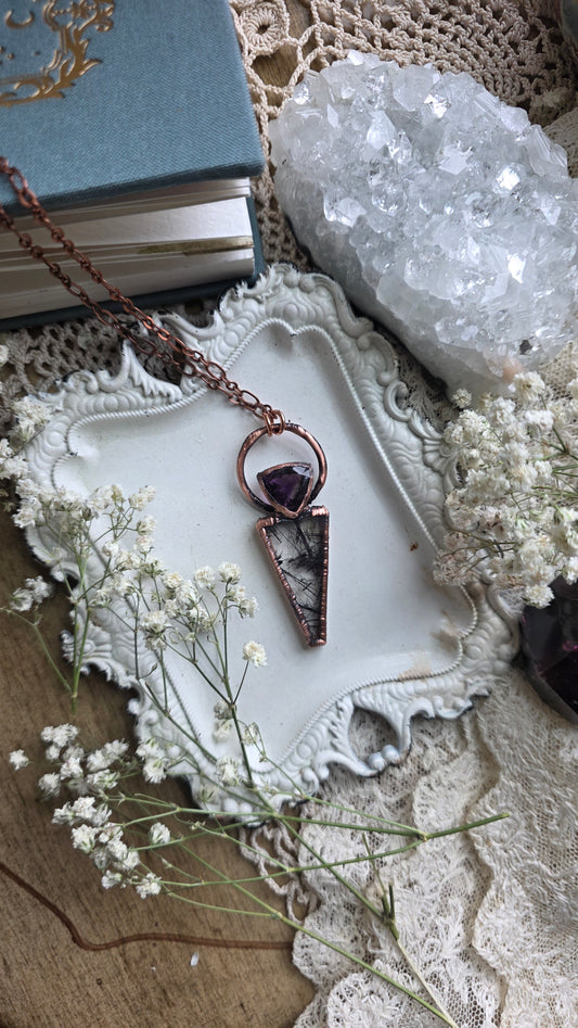 Smokey Amethyst and Tourmalinated Quartz Copper Necklace