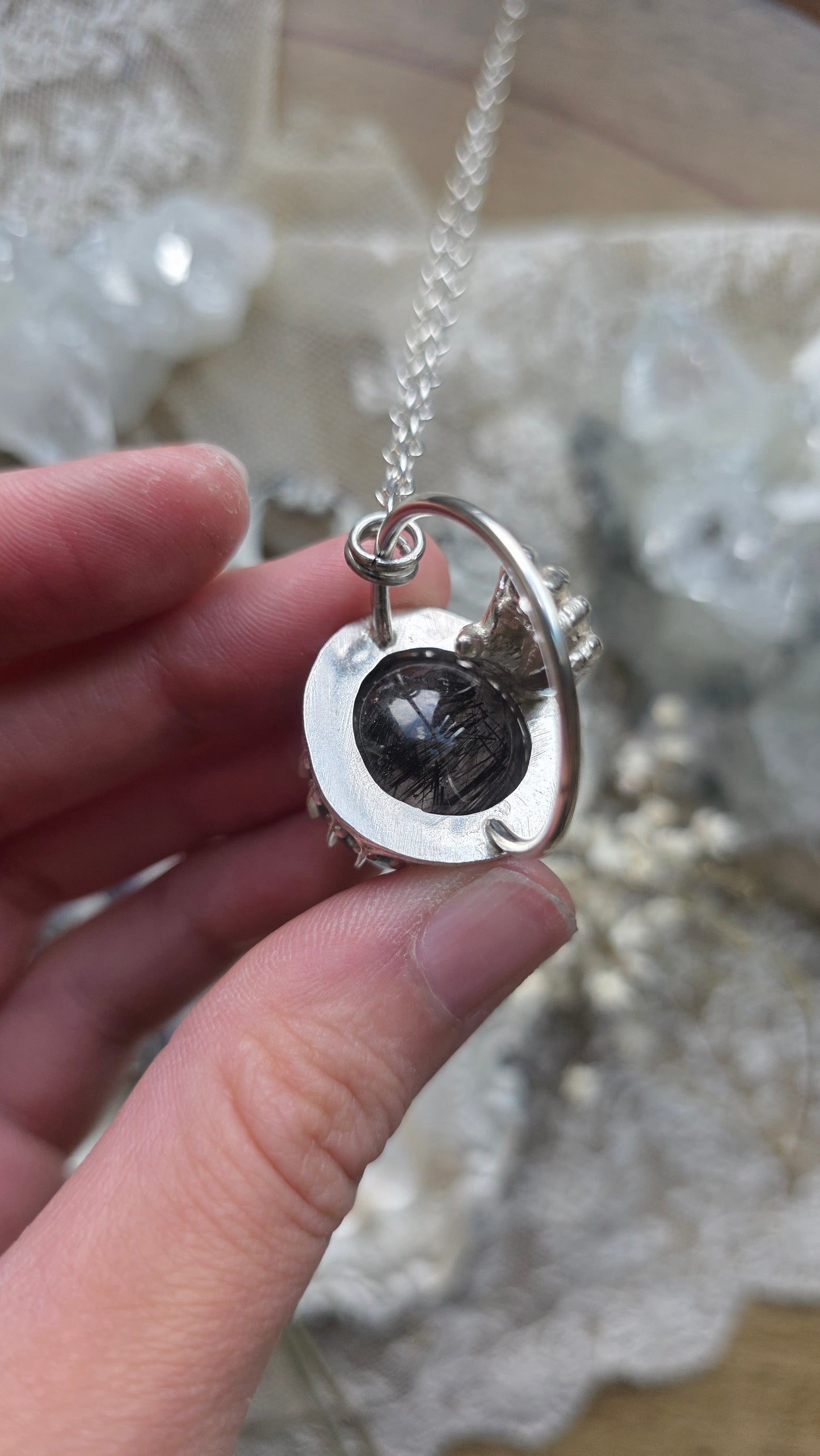 The High Priestess: Tourmalinated Quartz Sphere Sterling Silver Hand Pendant