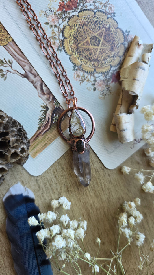 Transmute: Smokey Quartz with Tourmaline and Rutilated Quartz Copper Pendant