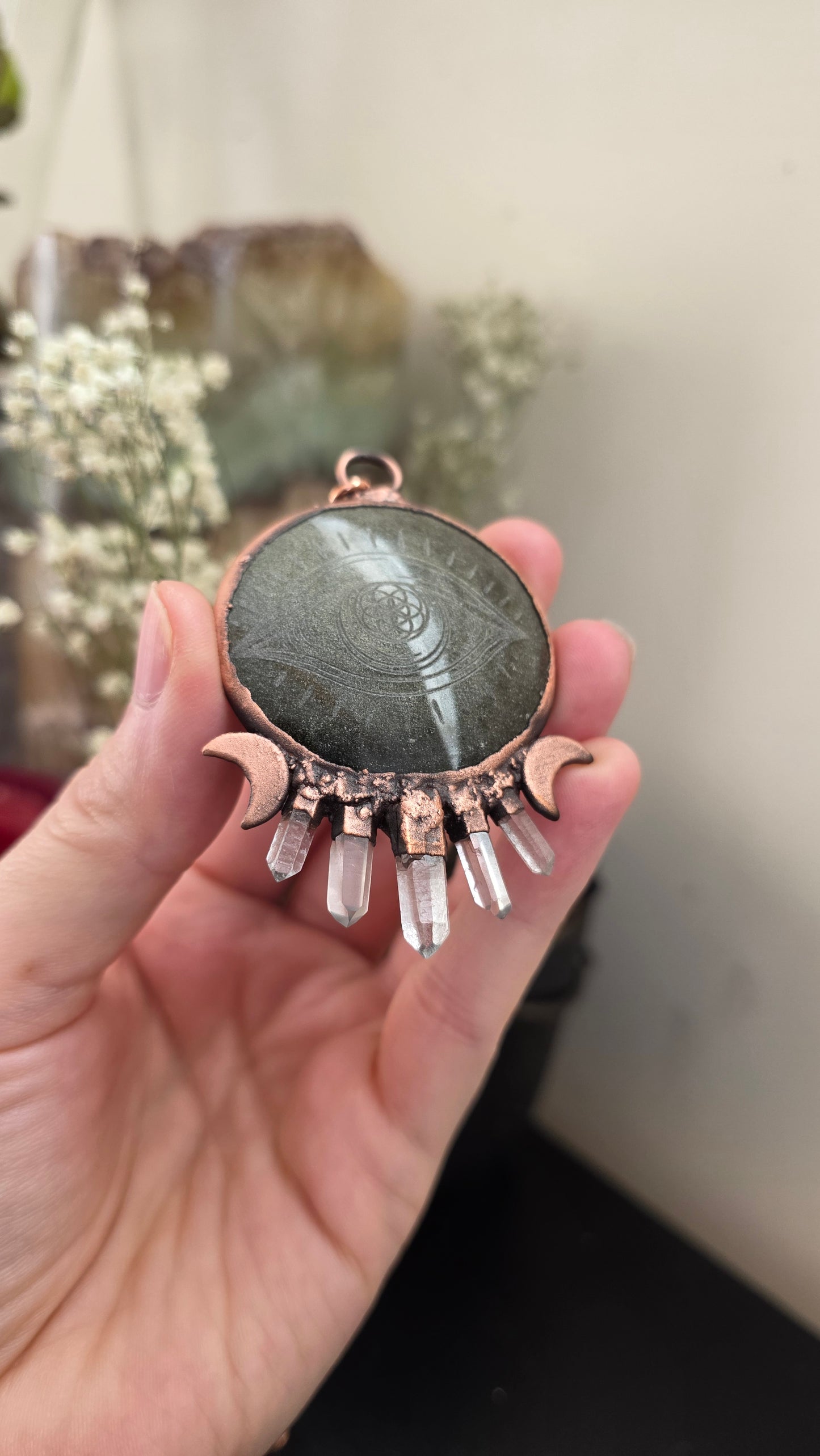 Gold sheen obsidian eye engraved copper pendant with quartz