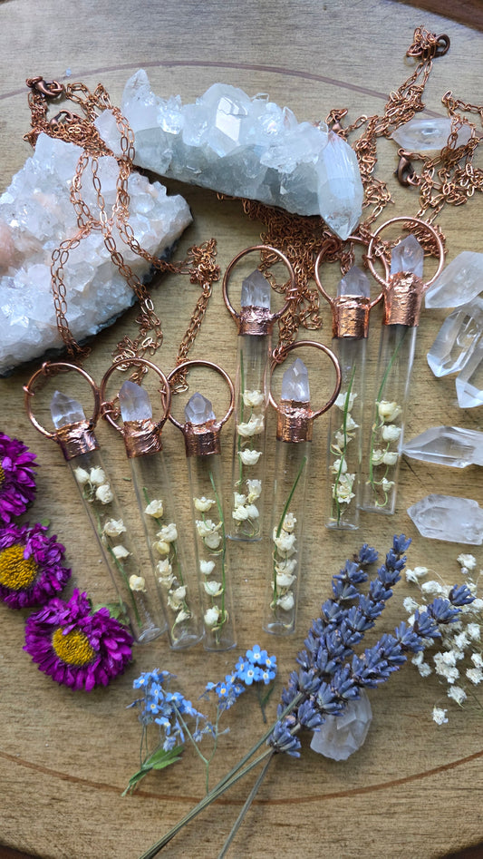 Lily of the Valley Copper Vial Necklace with Quartz