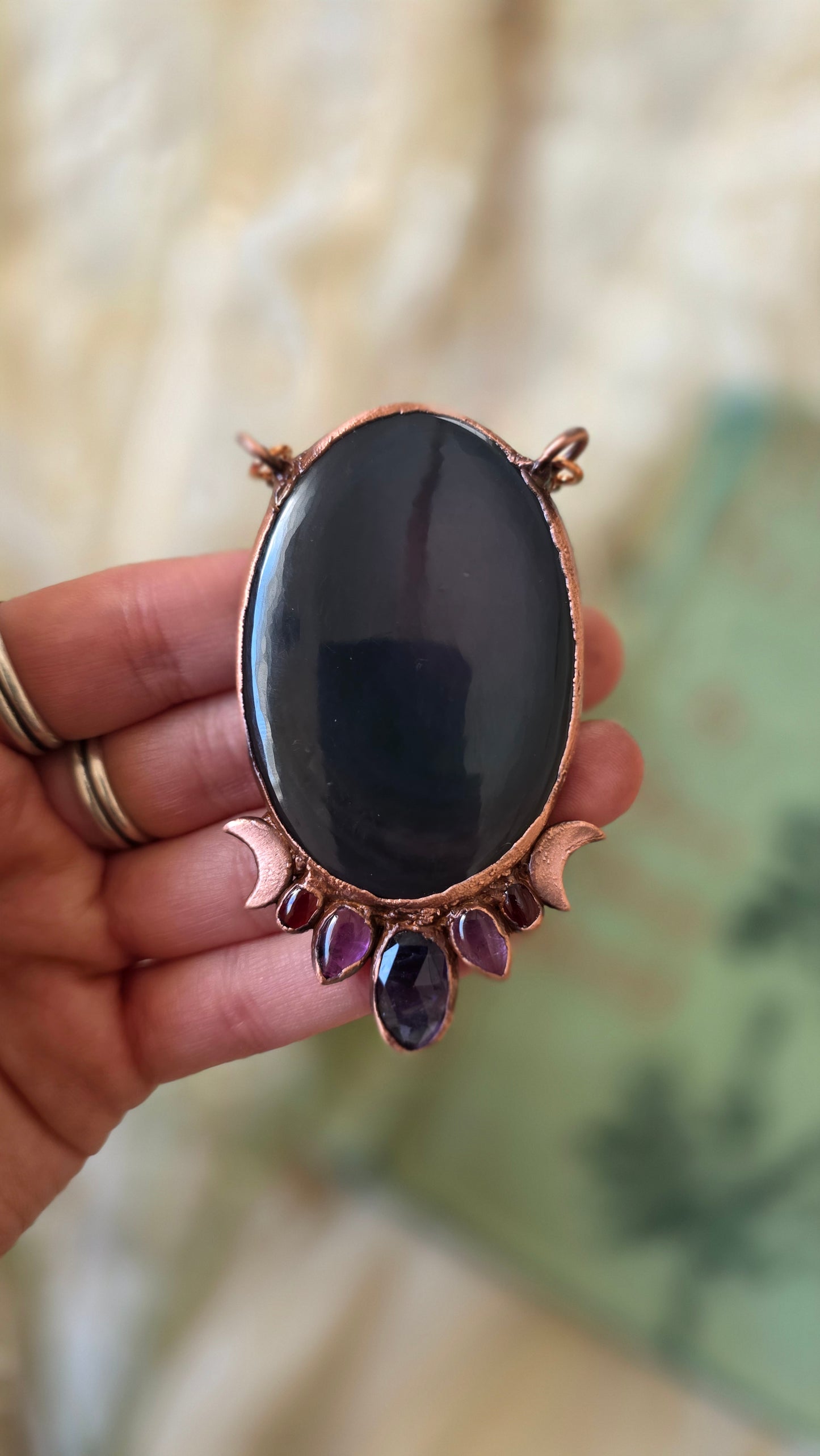 Large Rainbow Obsidian With Kyanite, Amethyst, and Garnet Copper Pendant