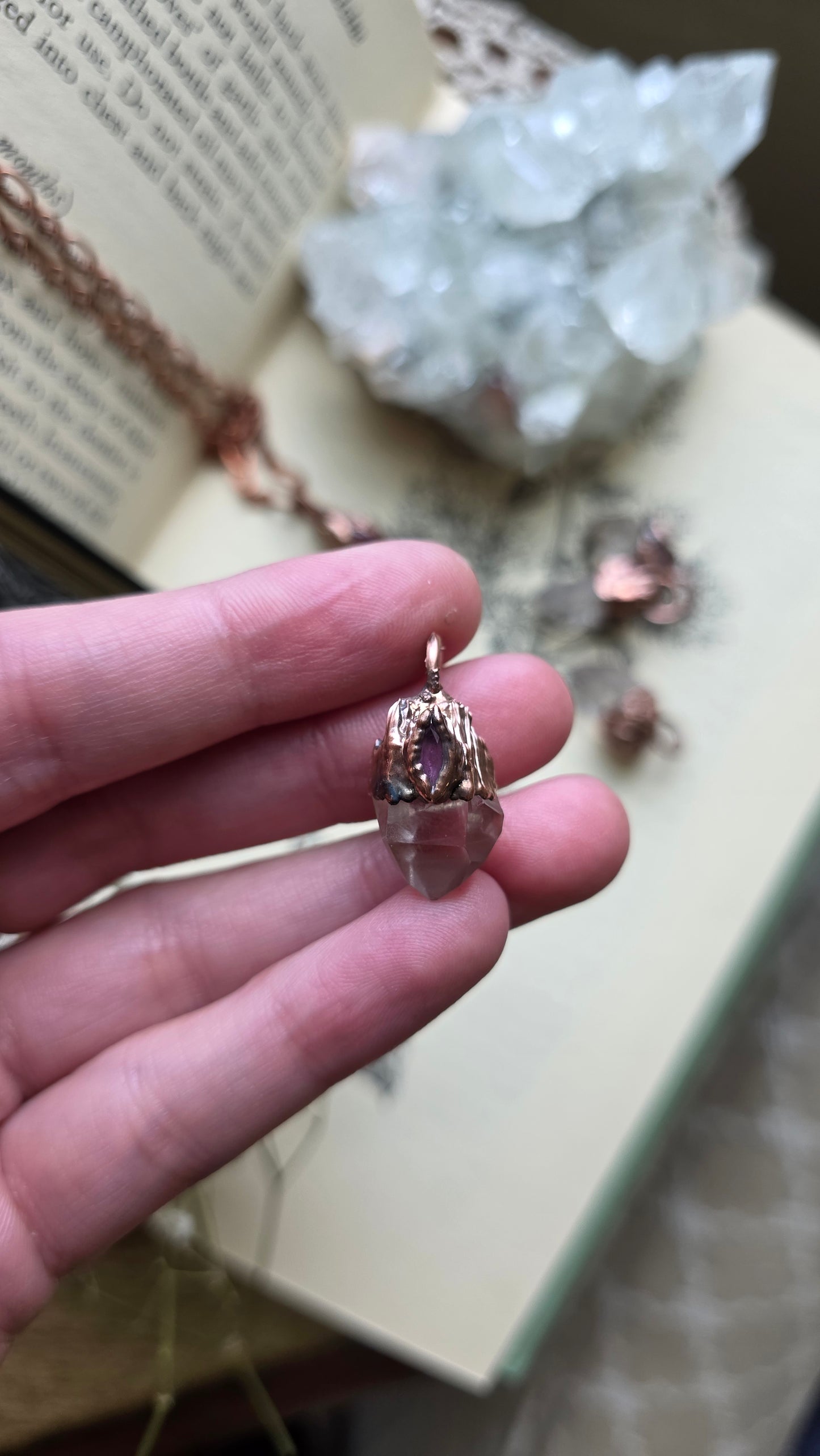 Quartz with Pink Sapphire Copper Necklace