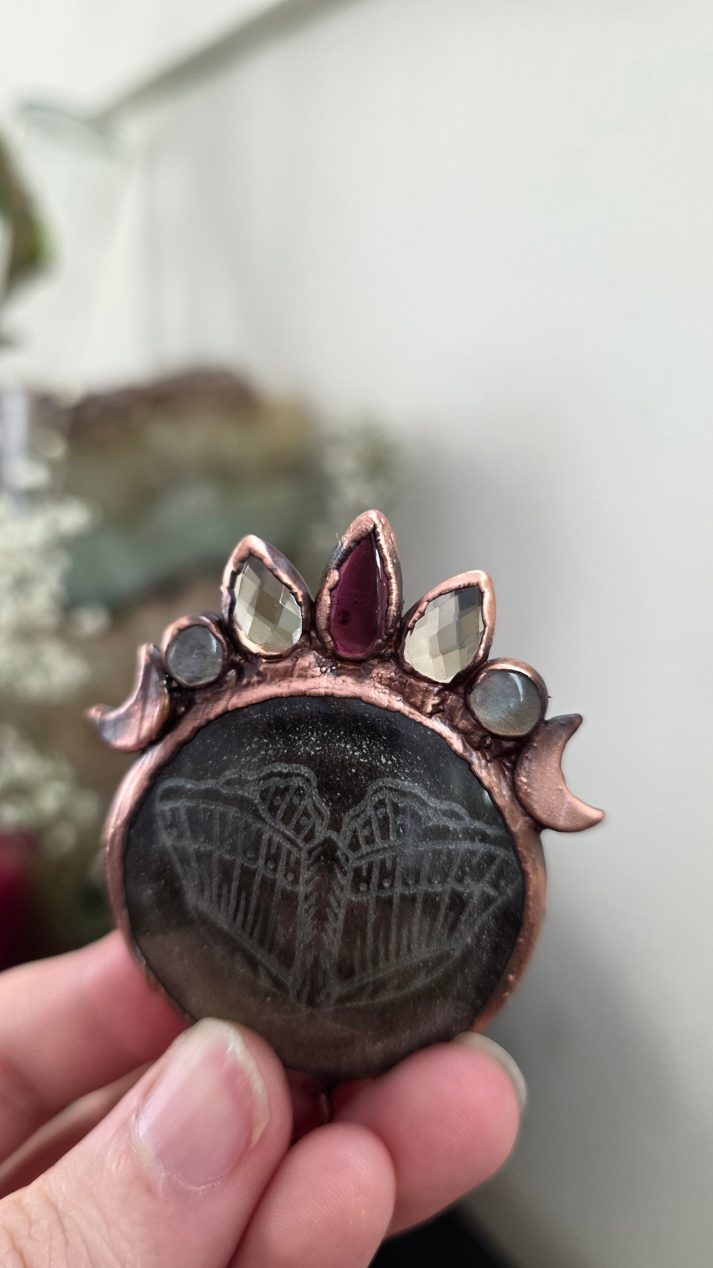 Gold sheen obsidian moth engraved copper pendant with garnet, citrine, and labradorite