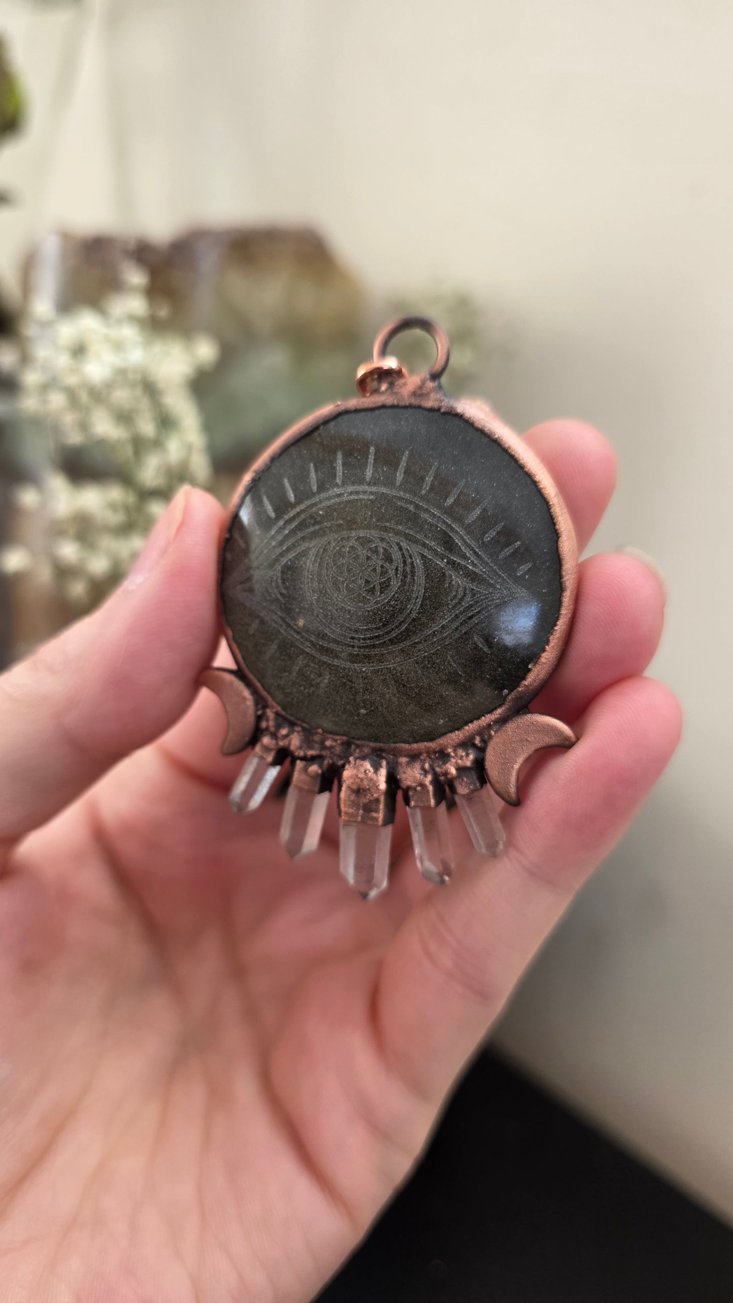 Gold sheen obsidian eye engraved copper pendant with quartz
