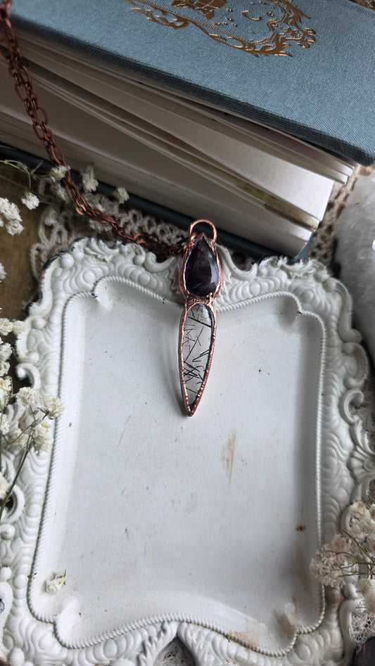 Smokey Amethyst with Tourmalinated Quartz Copper Pendant