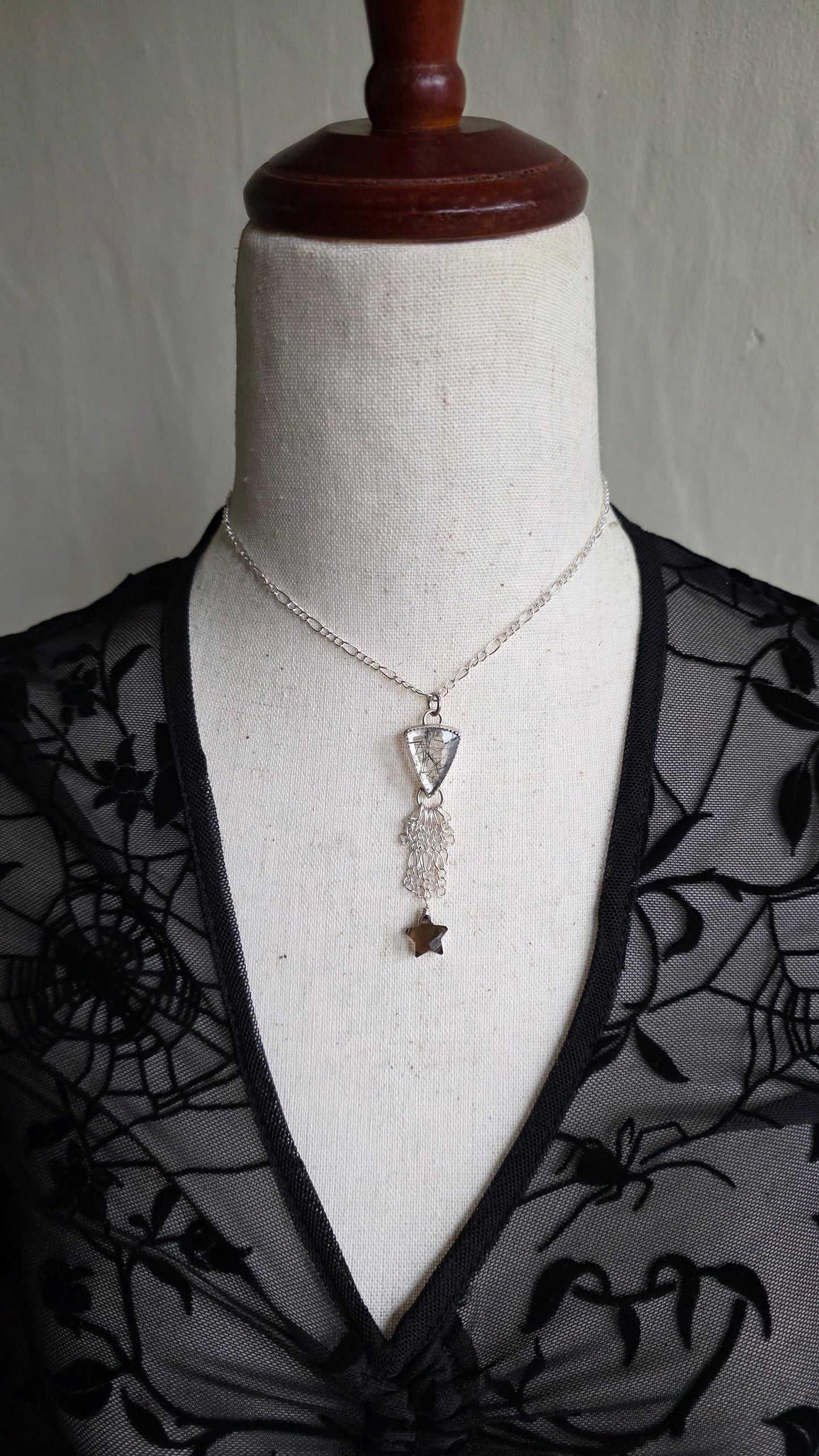 Sterling Silver Tourmalinated Quartz Chandelier Necklace with Smokey Quartz Star
