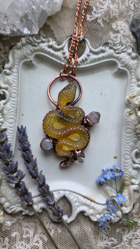 The High Priestess: Chiapas Amber Snake with Moonstone, Amethyst and Herkimer Copper Necklace