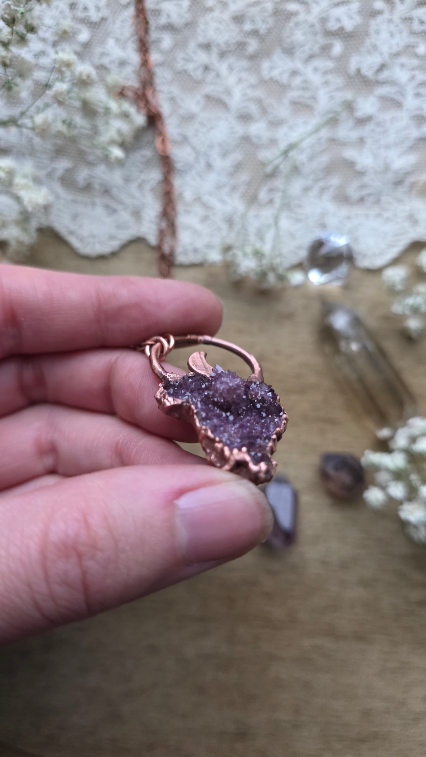 Amethyst Druzy Copper Moon Pendant