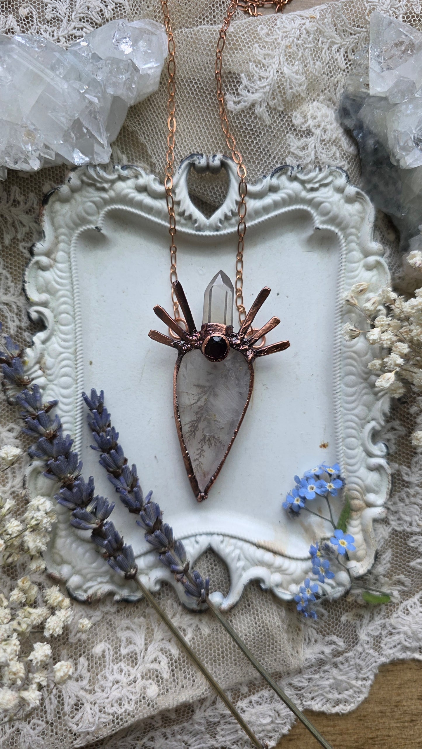 The High Priestess: Dendritic Quartz with Garnet and Citrine Copper Necklace