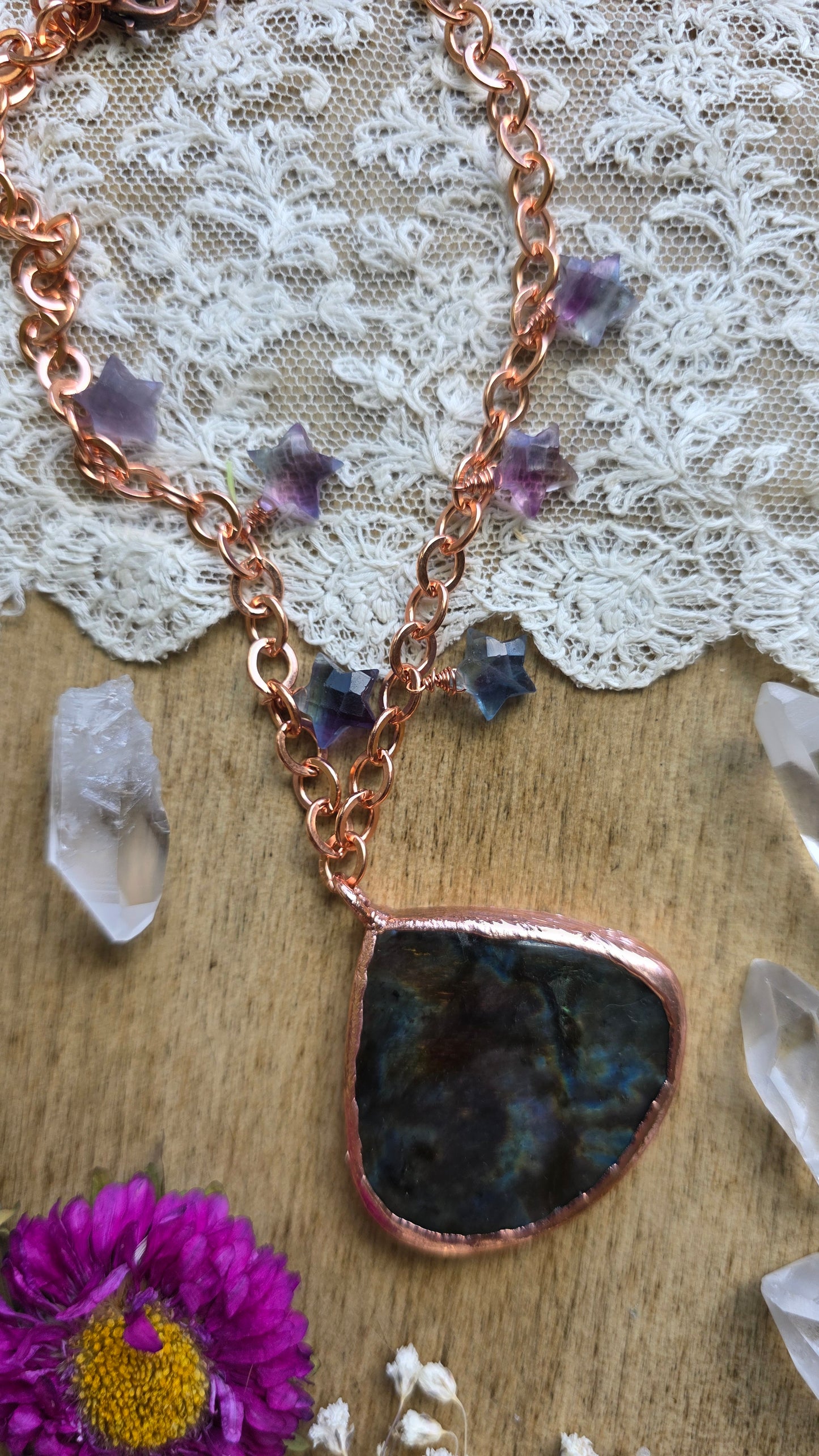 Labradorite and Fluorite Stars Copper Necklace