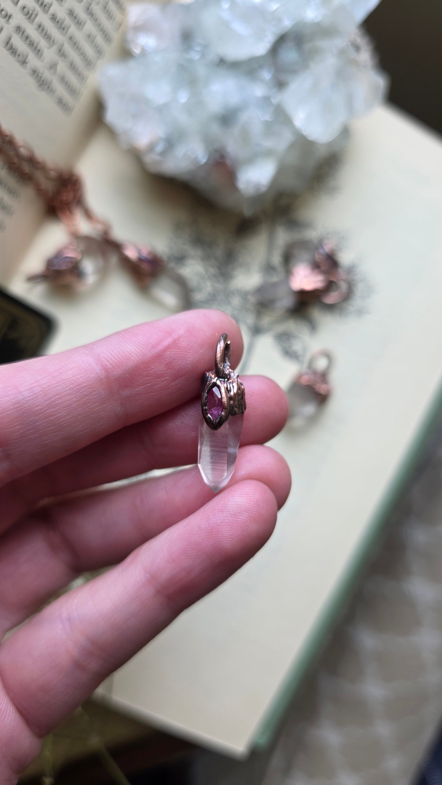 Quartz with Pink Sapphire Copper Necklace