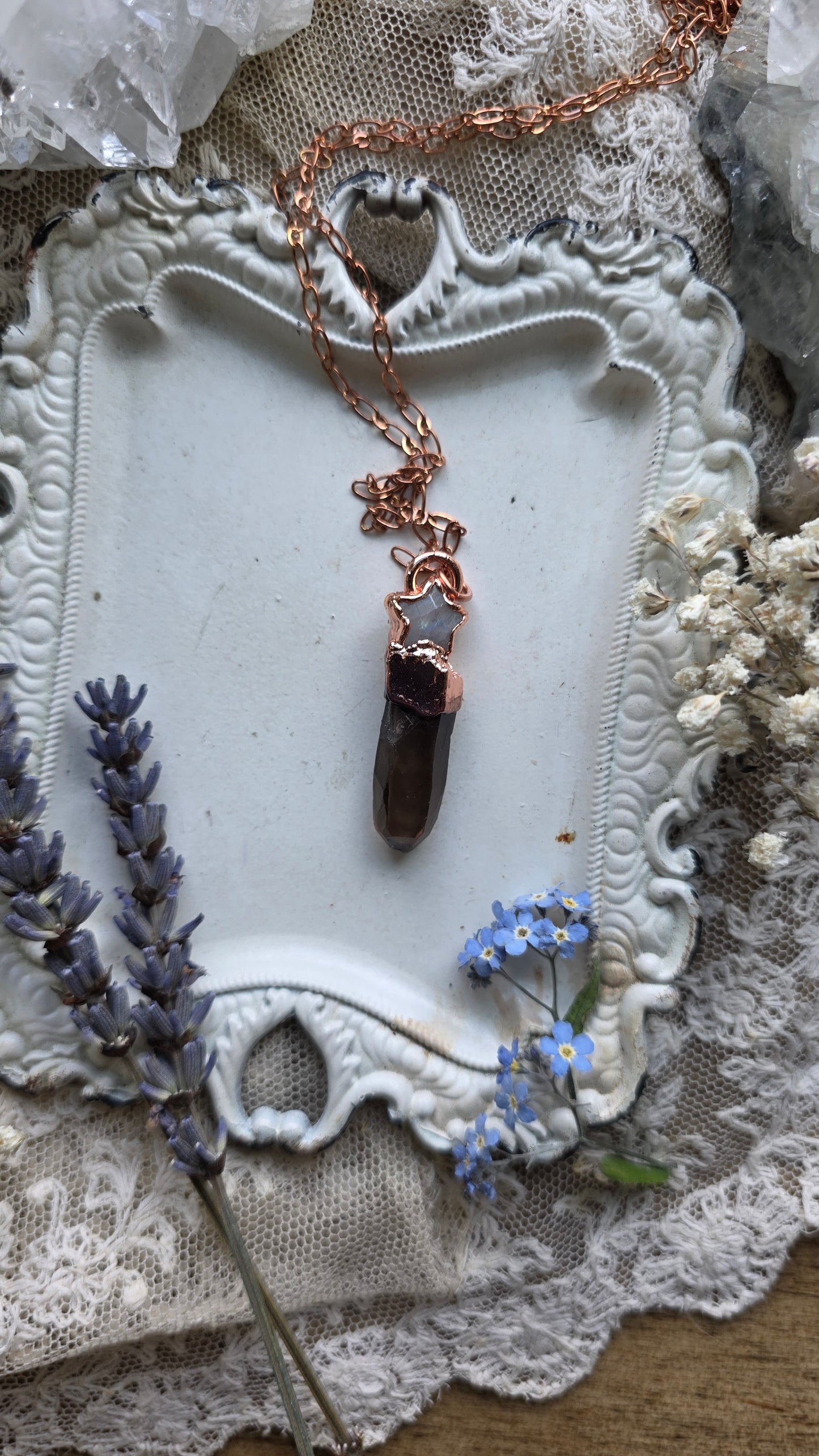 The High Priestess: Smokey Quartz and Moonstone Star Copper Necklace