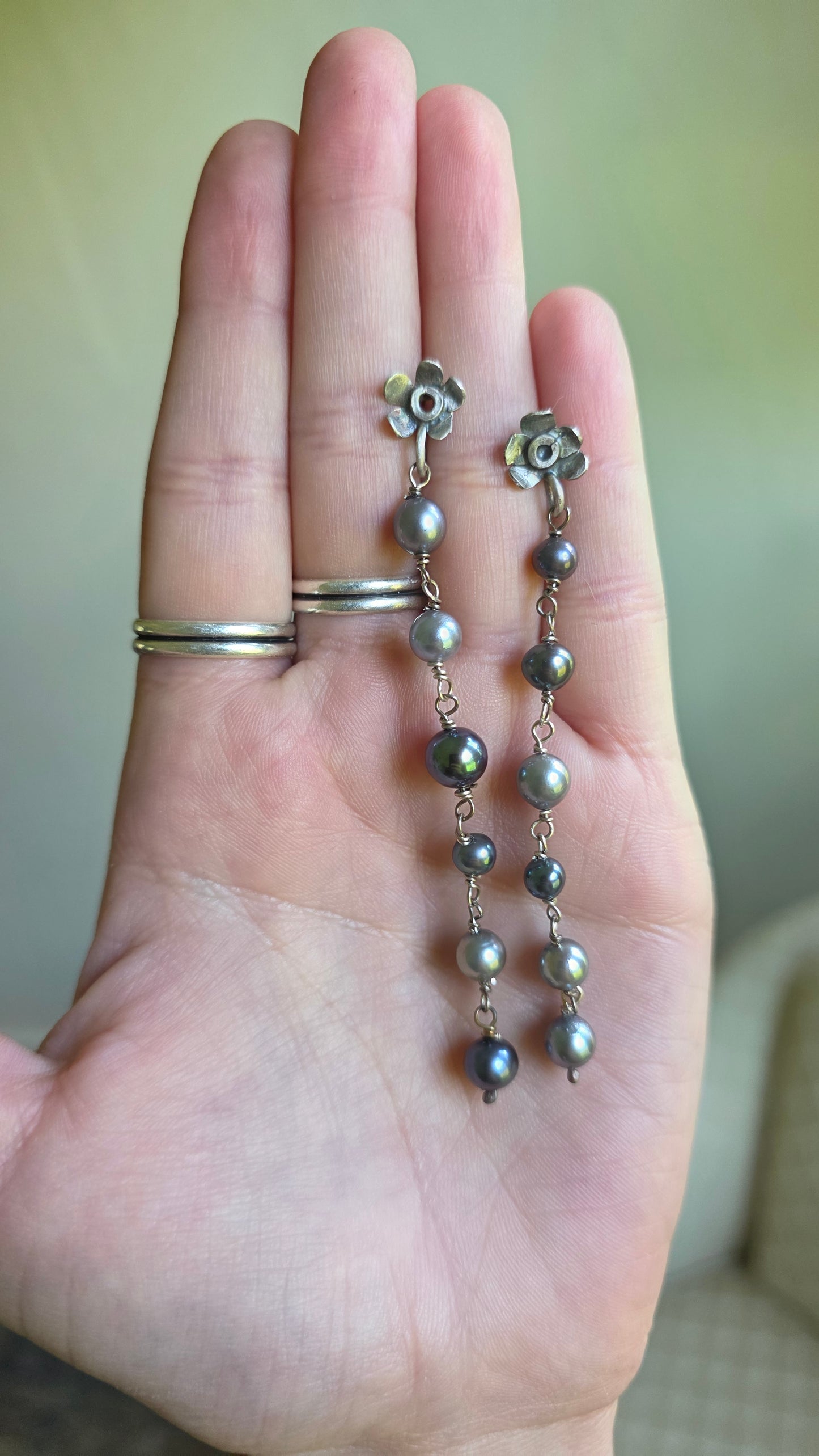 Forget-me-not Sterling Silver fabricated earrings with pearl