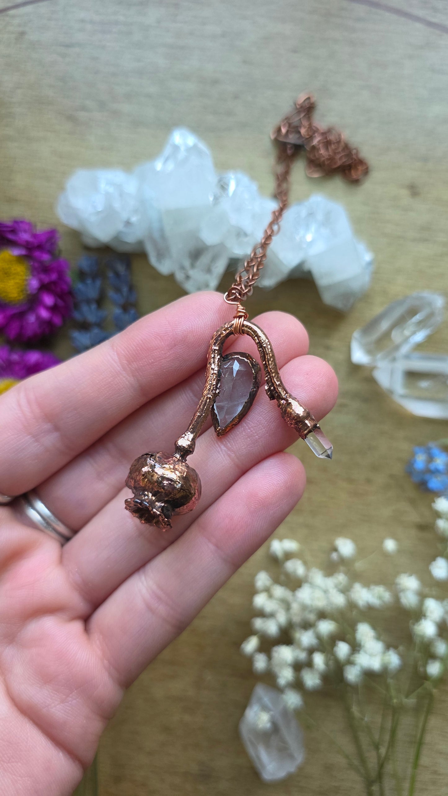 Copper Encased Poppy Pod with Aquamarine and Quartz