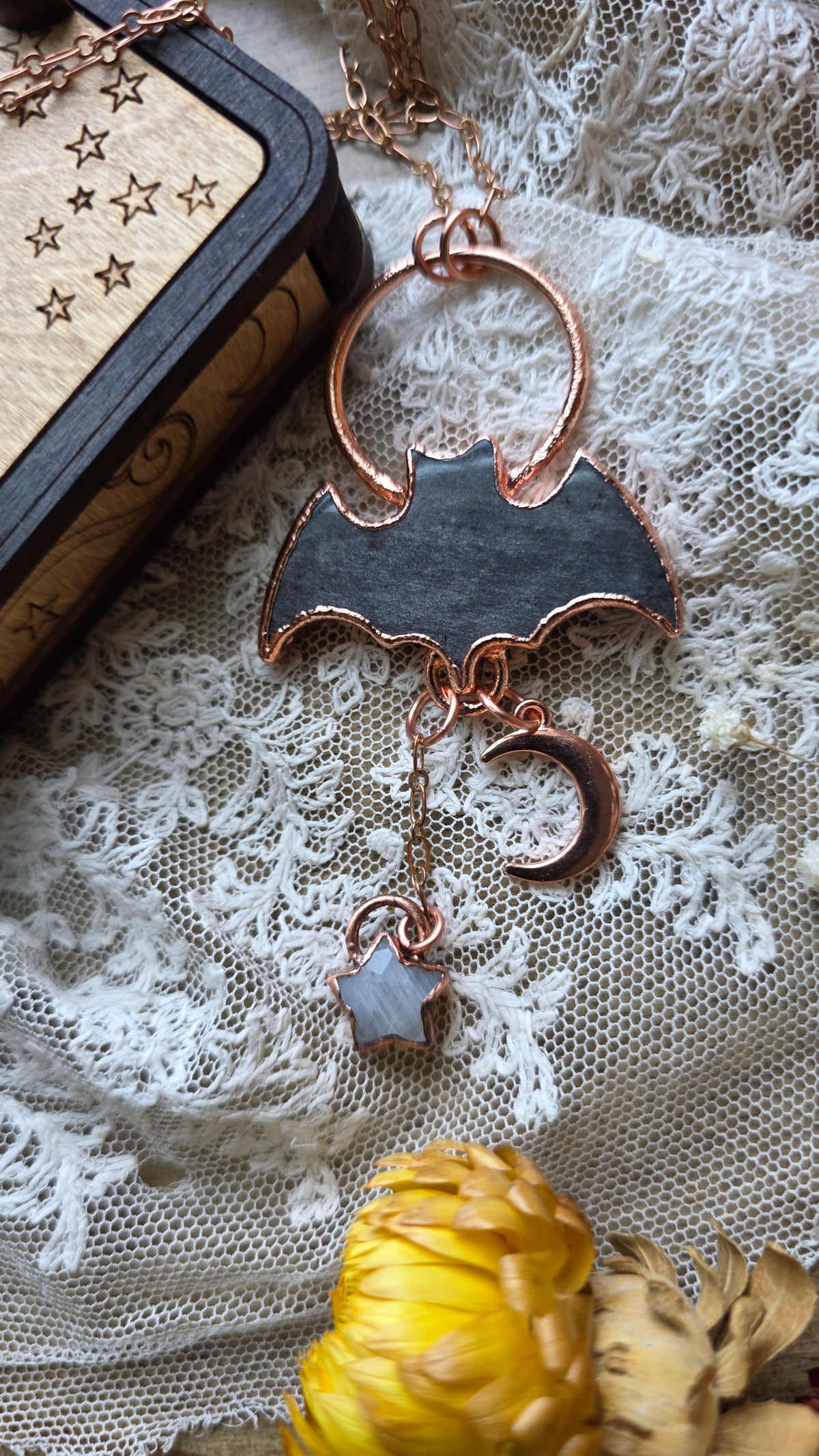 jdrewsilvers and xtwii collaboration: Silver Sheen Obsidian Bat Copper Necklace