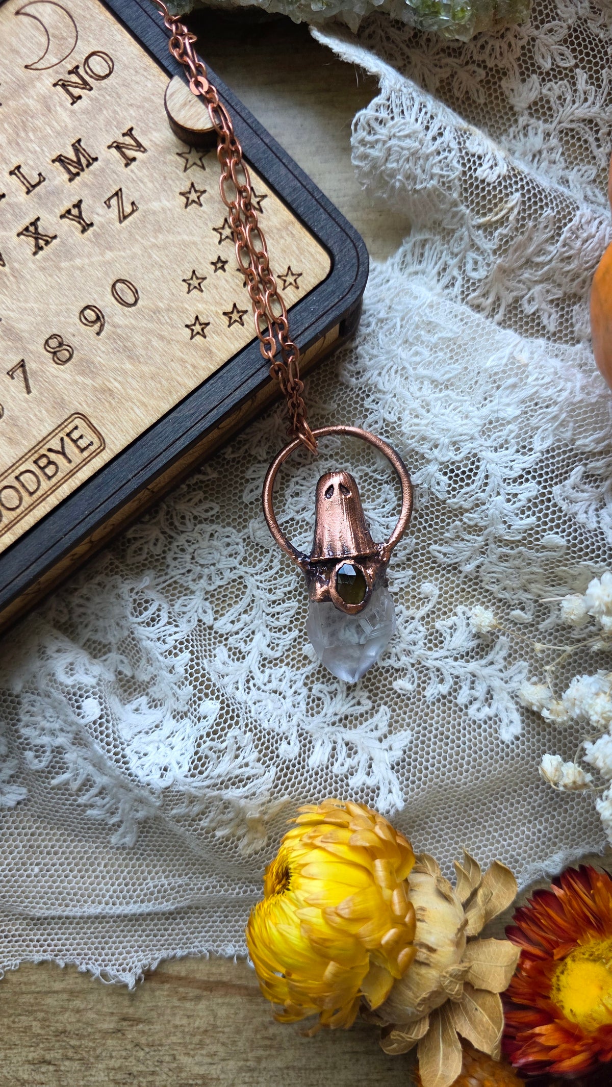 jdrewsilvers and xtwii collaboration: Quartz and Green Tourmaline Copper Sheet Ghost Necklace