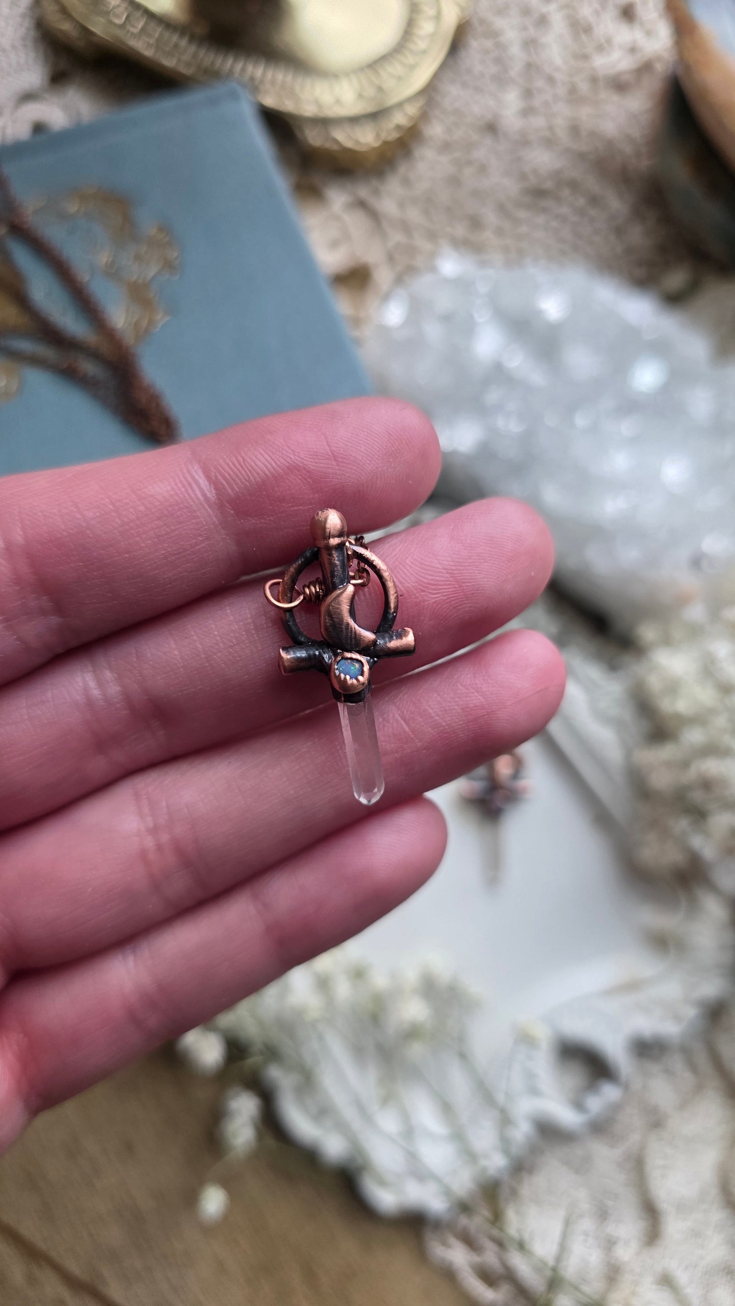 Mini Quarts and Australian Opal Copper Sword Necklace